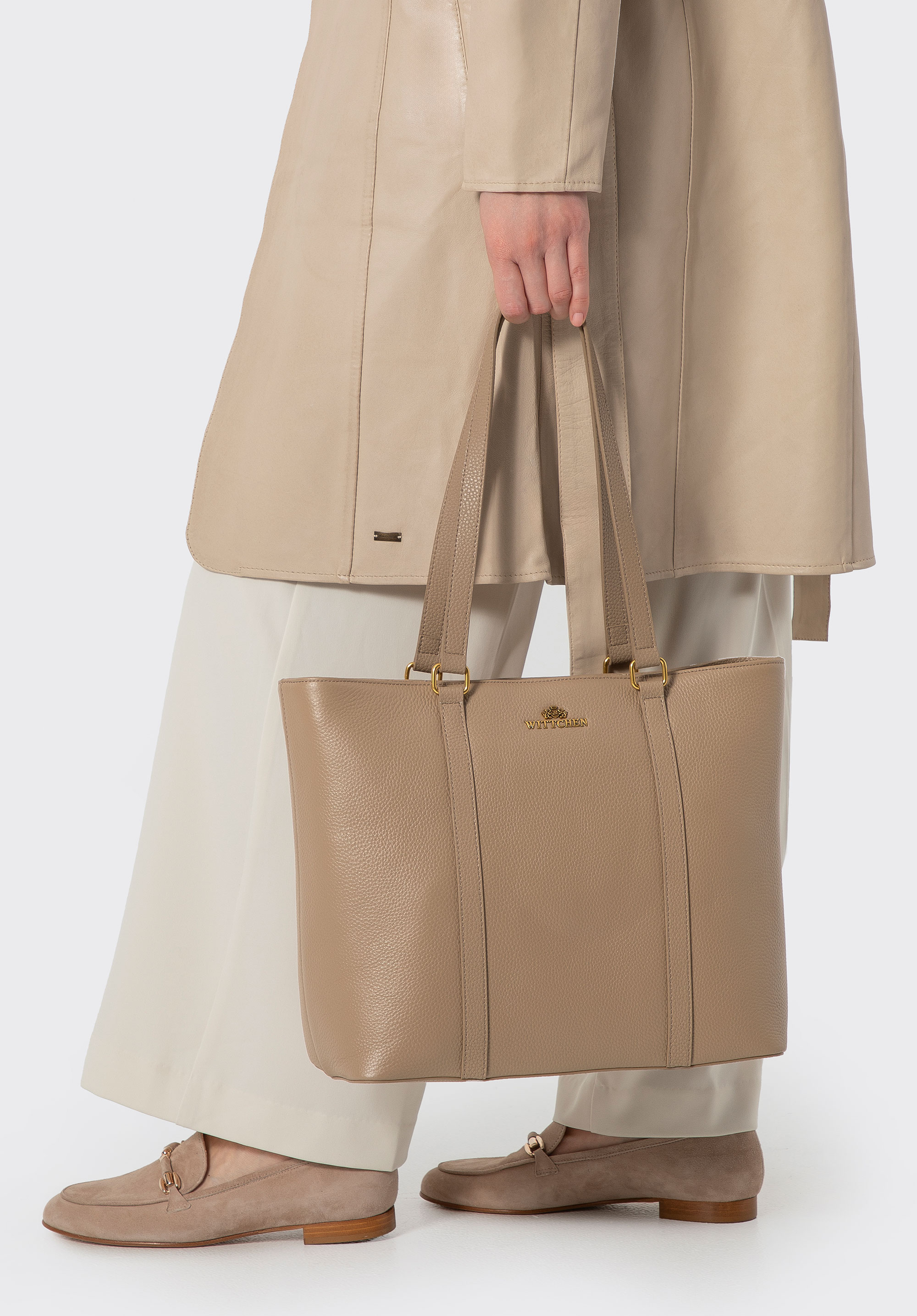 Stilvolle Einkaufstasche aus Leder, beige, 102-4E-209-9, Bild 1