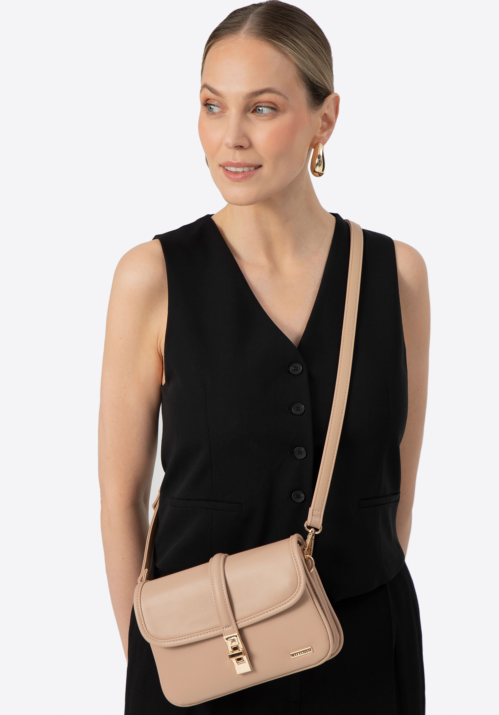 Umhängetasche für Damen mit Schnalle klein, beige, 100-4Y-200-9, Bild 1