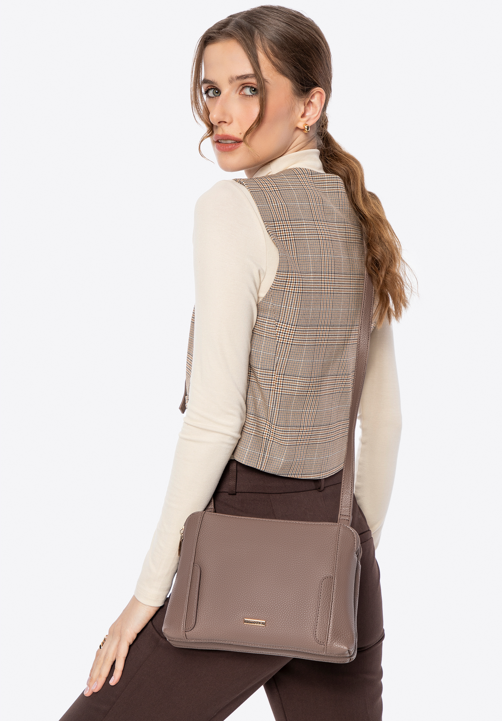 Umhängetasche mit zwei Fächern für Damen, beige, 100-4Y-009-9, Bild 1