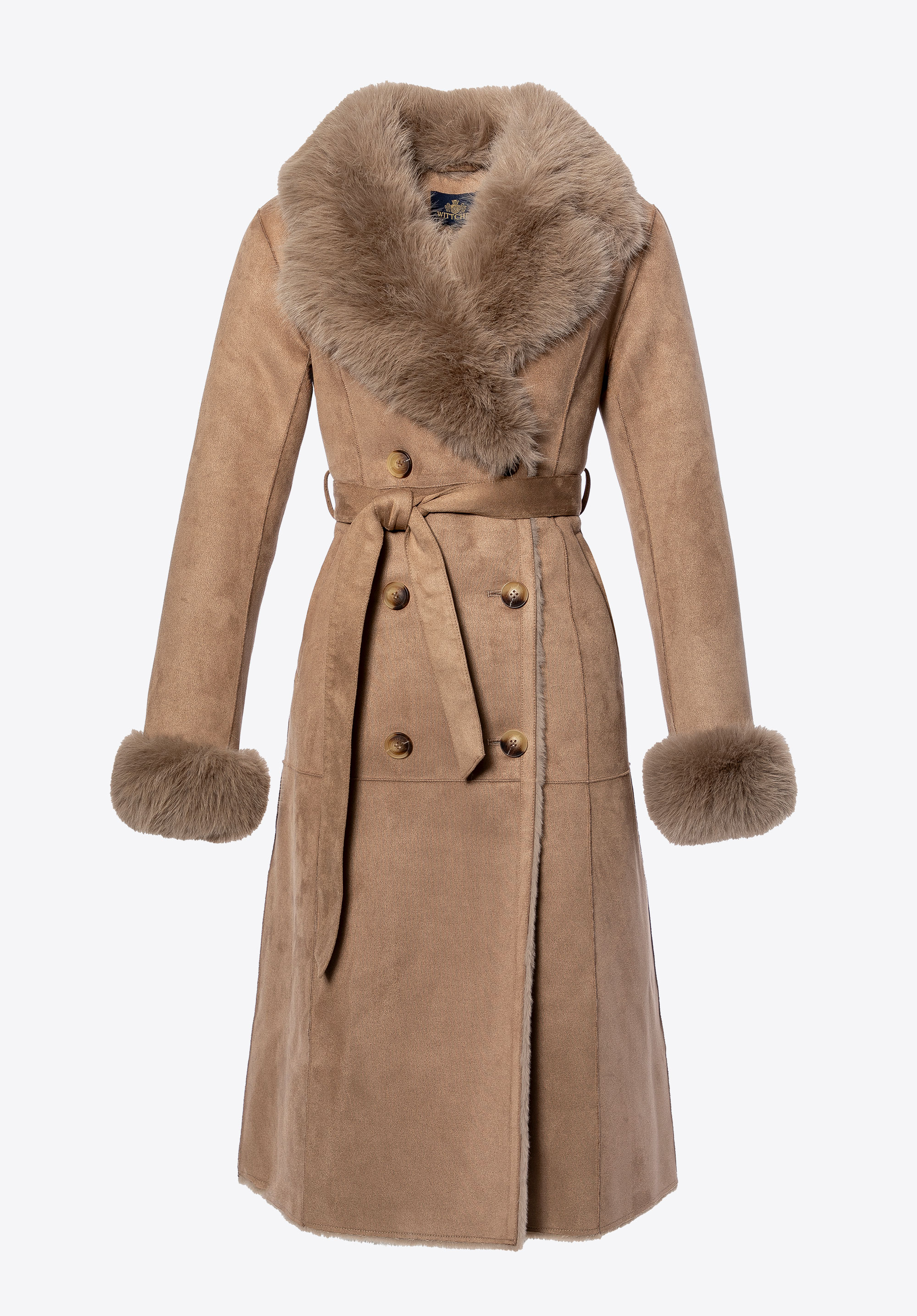 Zweireihiger Damenmantel mit Kunstpelzkragen, beige, 101-9W-001-9-XL, Bild 1