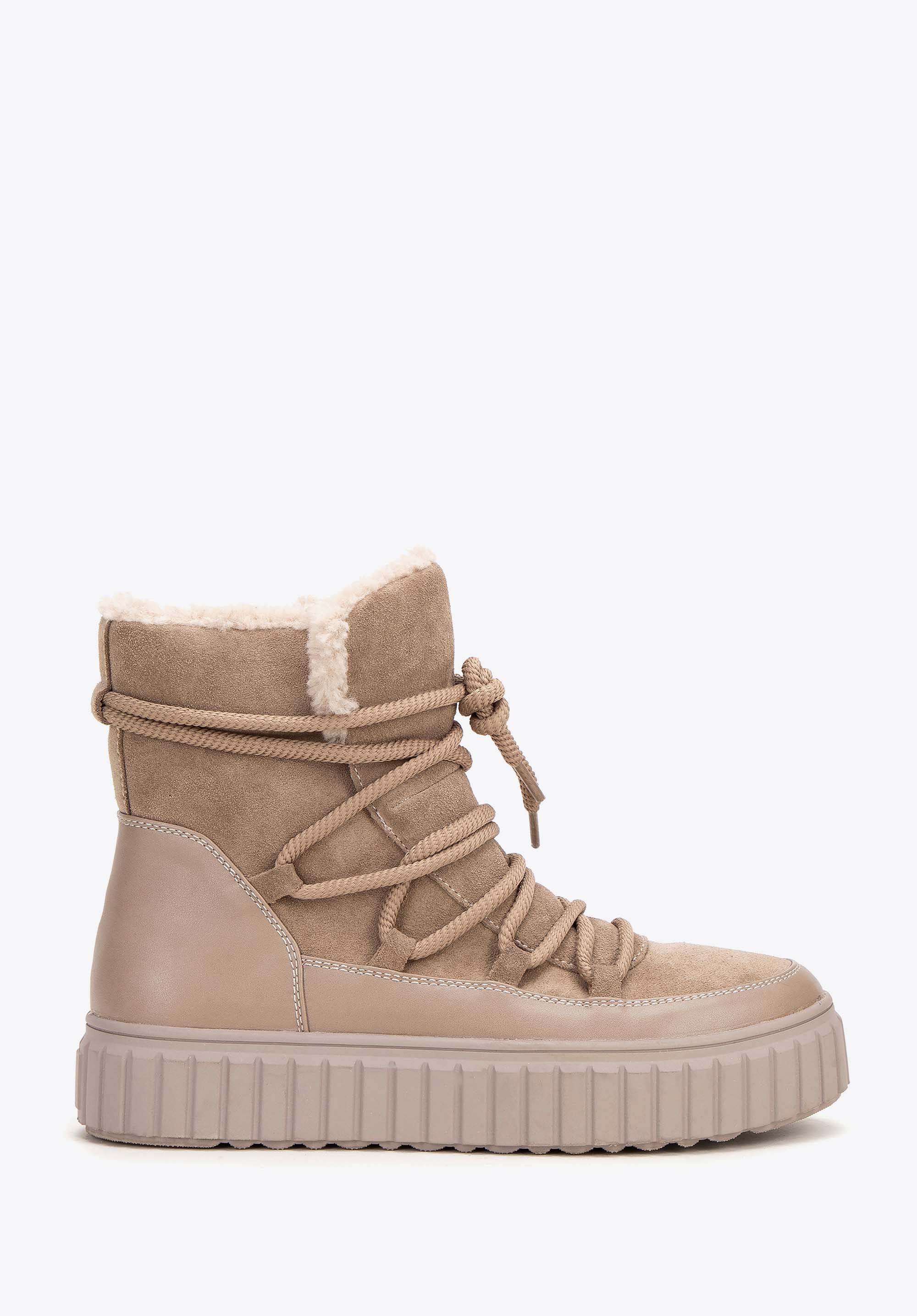 Botine damă piele întoarsă cu blană artificială, bej, 99-D-402-4-35, Fotografie 1