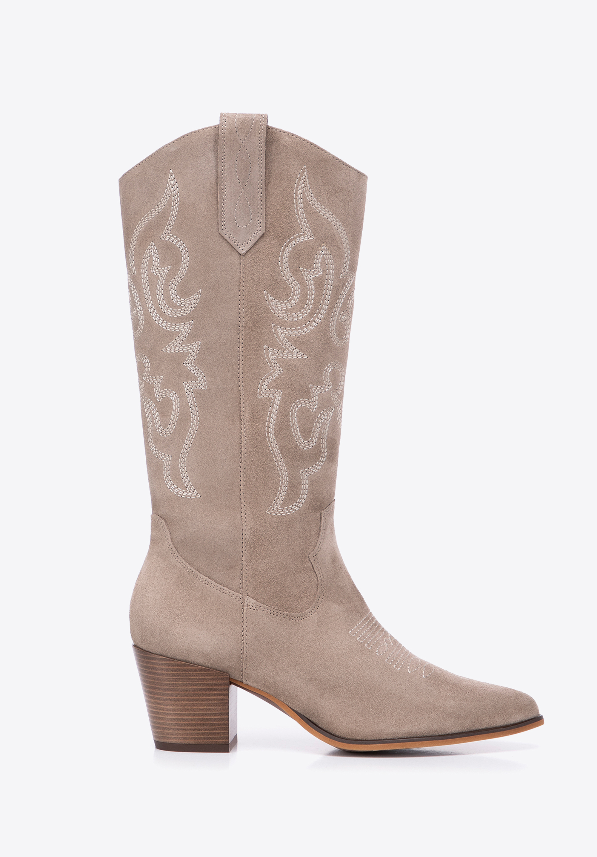 Cizme cowboy din piele întoarsă brodată și vârf ascuțit, bej, BD-B-805-0-41, Fotografie 1