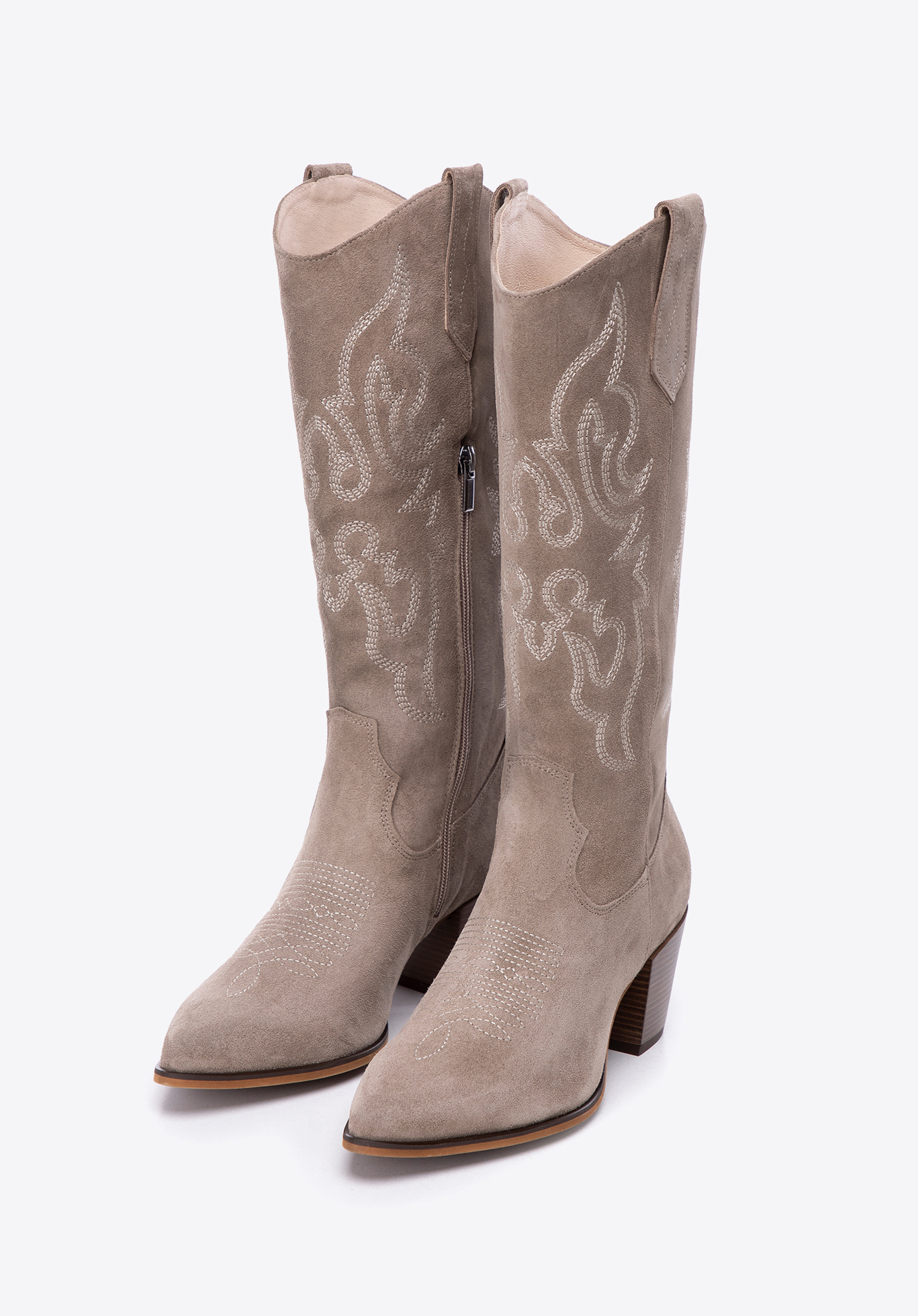 Cizme cowboy din piele întoarsă brodată și vârf ascuțit, bej, BD-B-805-0-41, Fotografie 1