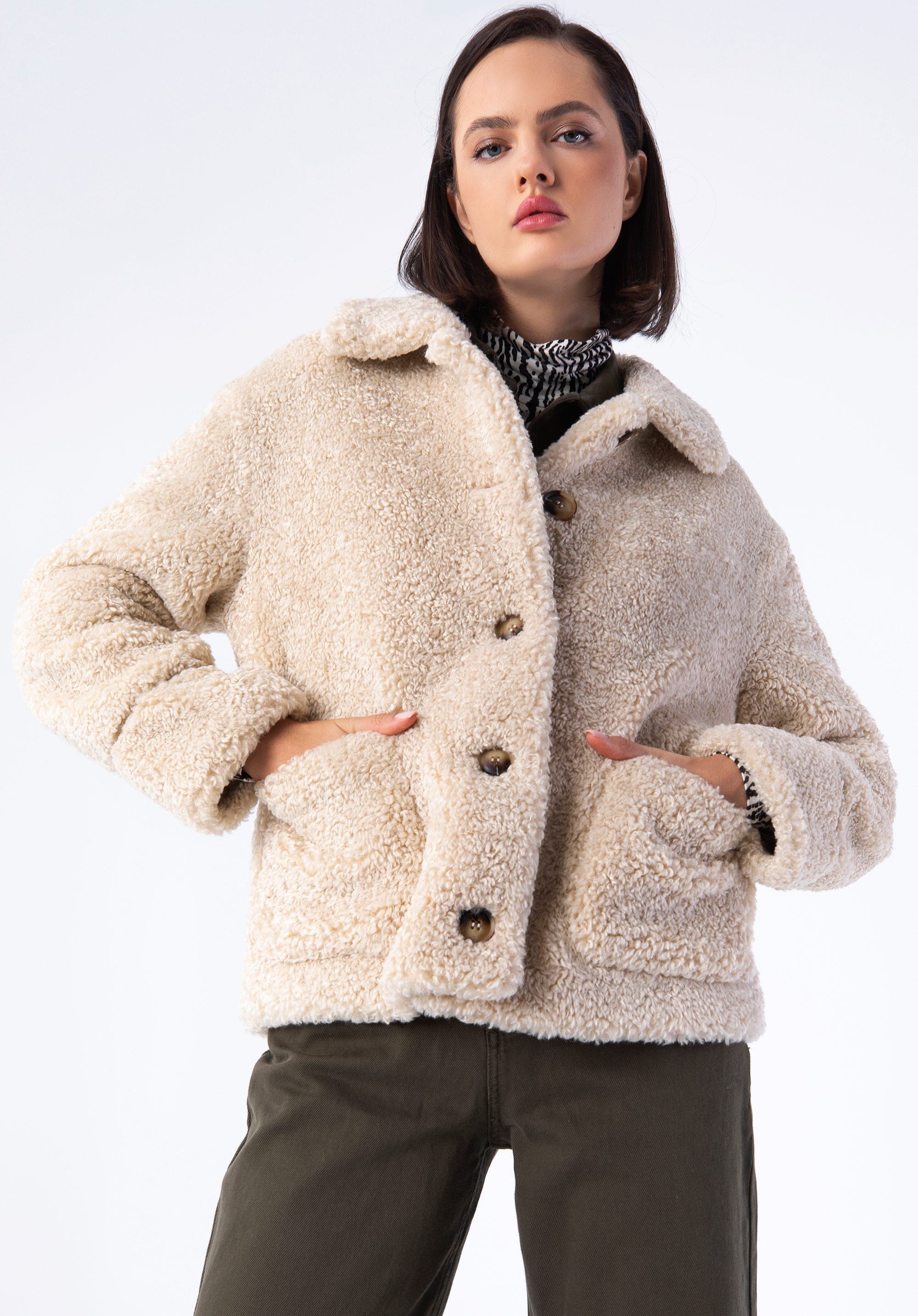 Geacă de damă din blană artificială, bej, 97-9W-002-9-XL, Fotografie 1