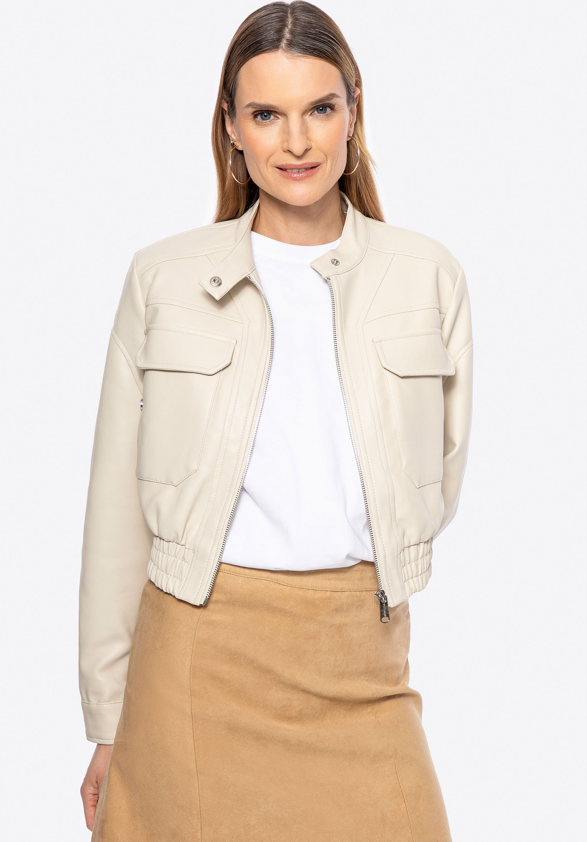 Geacă de damă din piele ecologică, bej, 100-9P-106-4-L, Fotografie 1