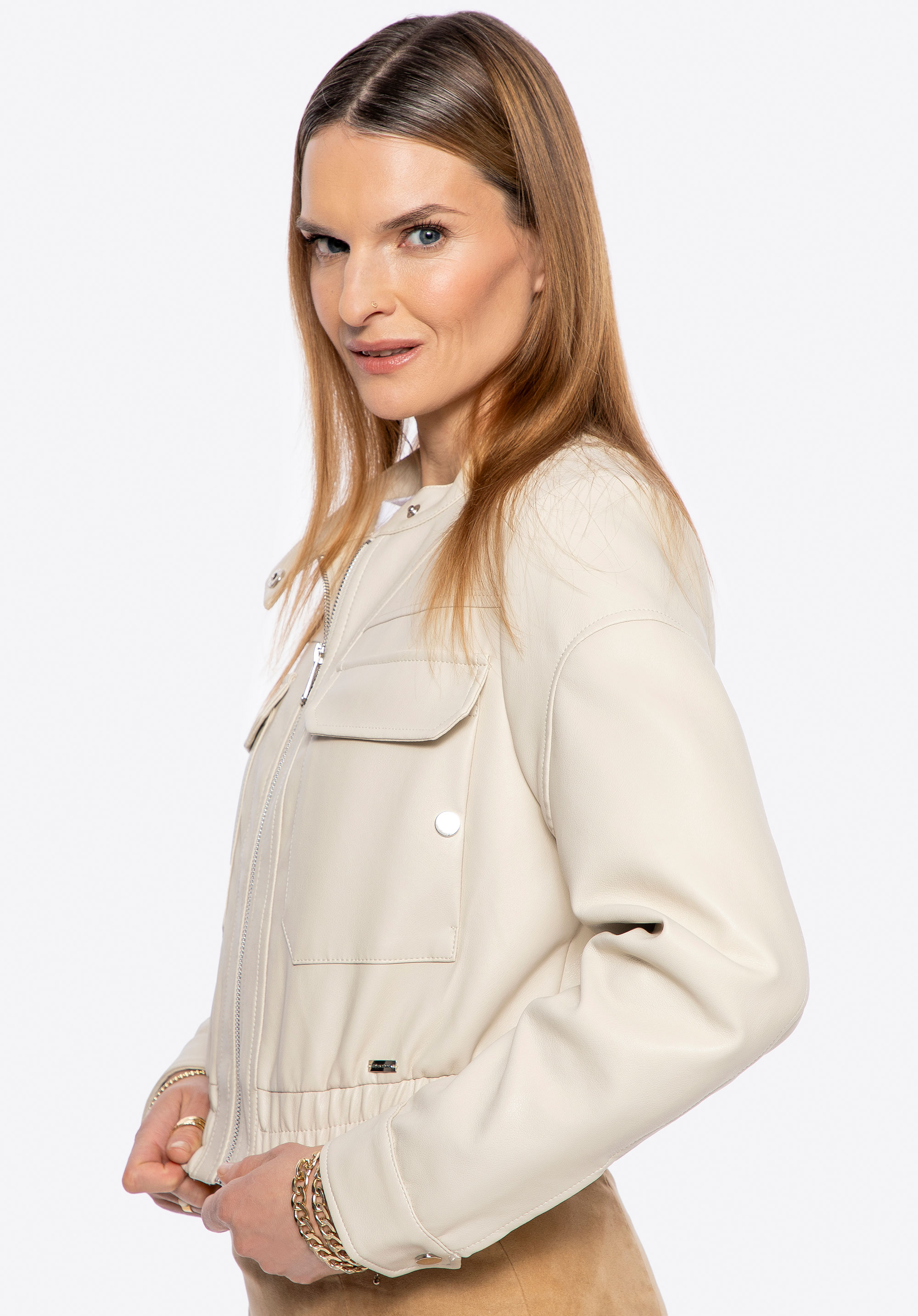 Geacă de damă din piele ecologică, bej, 100-9P-106-4-L, Fotografie 1