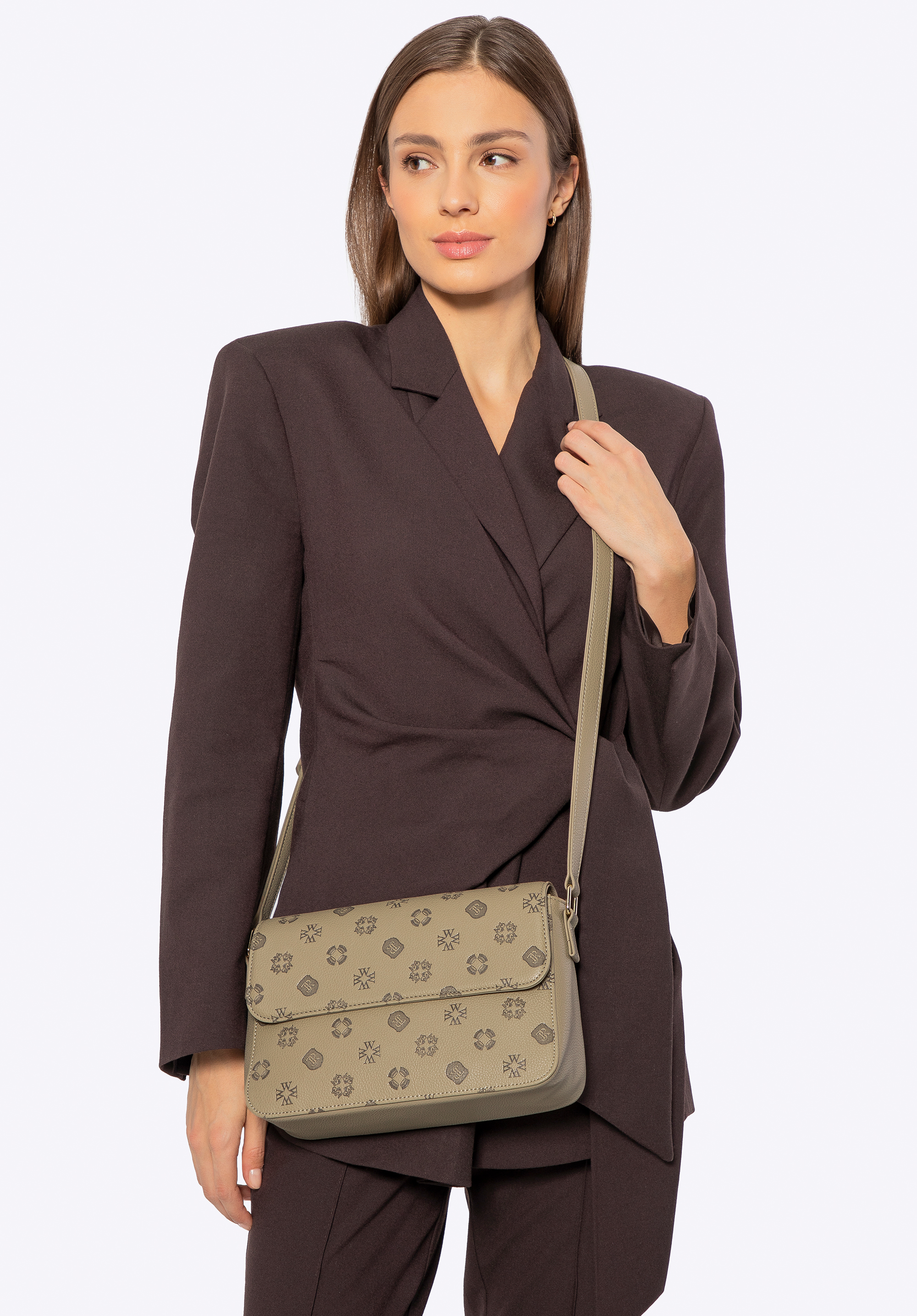 Geantă crossbody din piele ecologică pentru femei cu semnătură în relief, bej, 101-4Y-P06-9, Fotografie 1