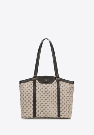 Geantă shopper din jacquard și piele cu monogramă, bej, 98-4E-904-8, Fotografie 1