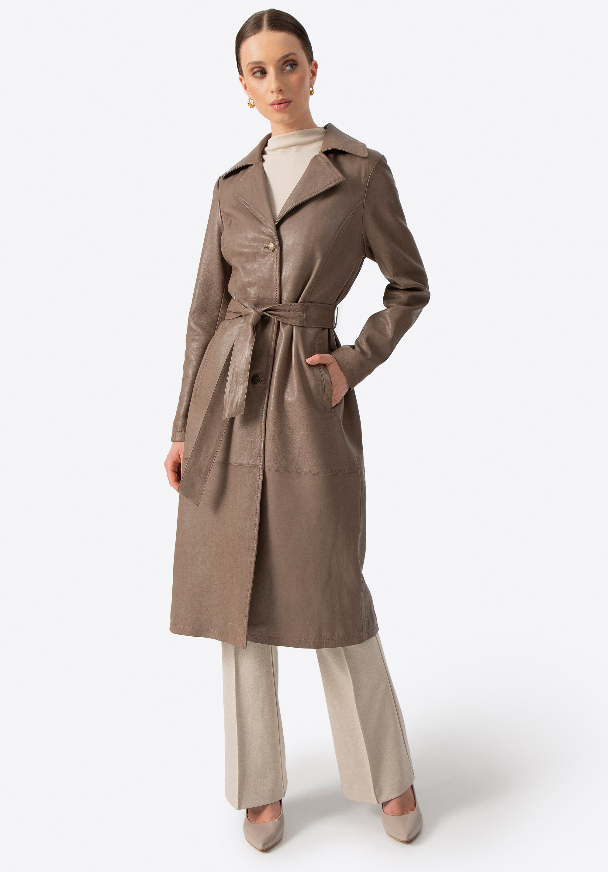 Palton lung de piele, bej închis, 100-09-405-9-M, Fotografie 1