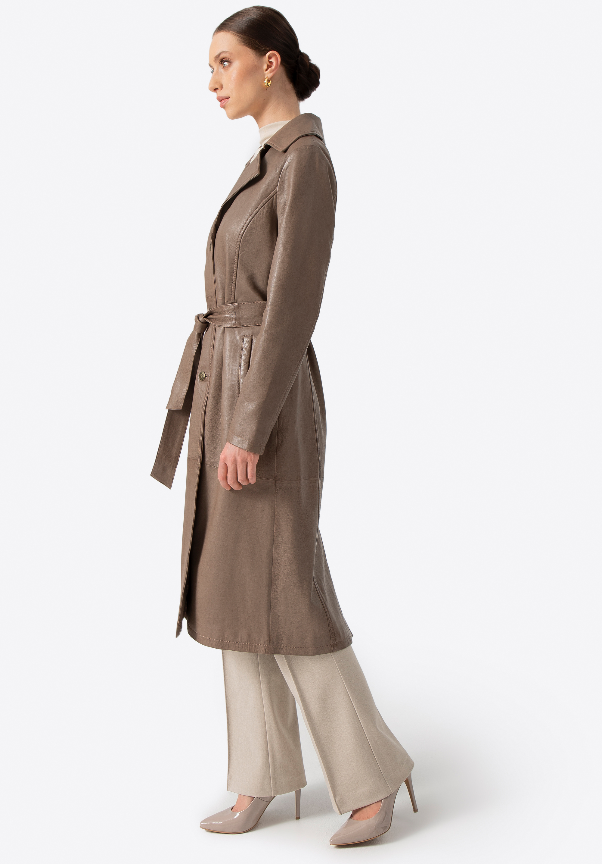 Palton lung de piele, bej închis, 100-09-405-9-M, Fotografie 1