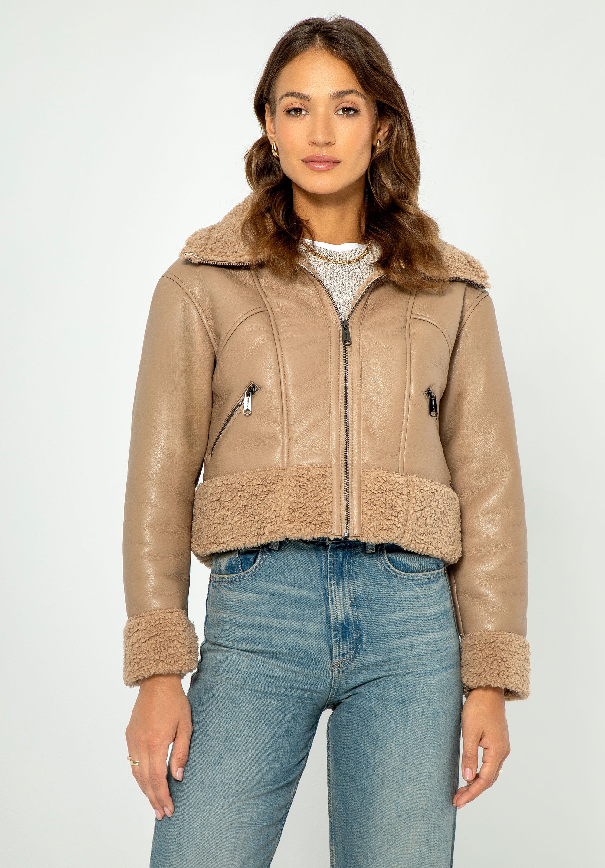 Jachetă de damă decupată cu blană artificială, bej, 99-9P-116-9-M, Fotografie 1