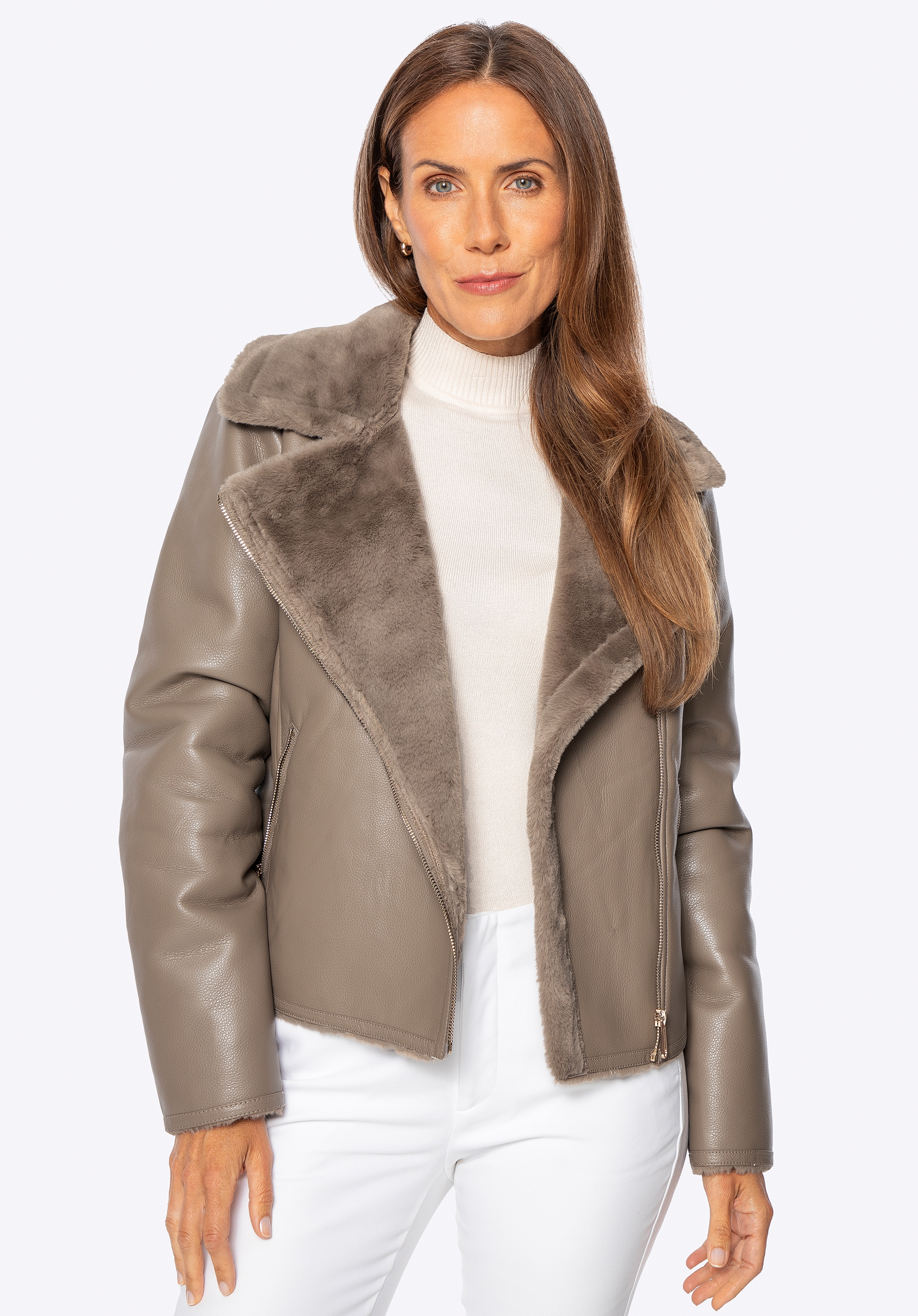 Jachetă de damă din piele ecologică tip biker cu blană artificială, bej, 101-9P-103-1-2XL, Fotografie 1