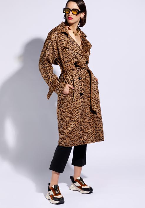 Palton de damă cu imprimeu animal print și pieptar dublu pentru femei, bej - maro, 96-9P-107-10-S, Fotografie 1