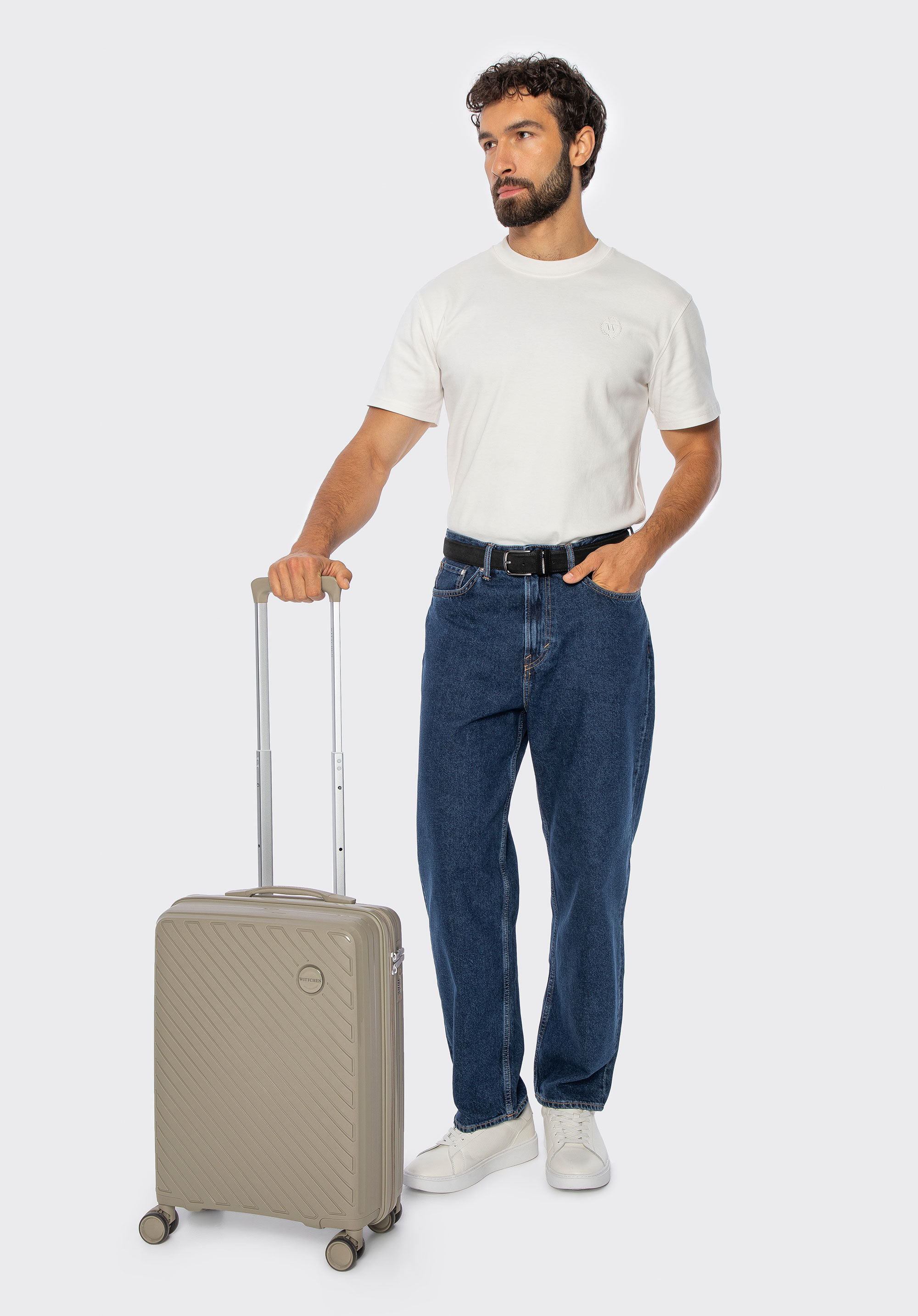 Valiză mică din polipropilenă cu dungi în relief, bej închis, 56-3T-201-86, Fotografie 1