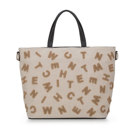 Geantă shopper din pânză cu litere, bej - negru, 94-4Y-512-9, Fotografie 1