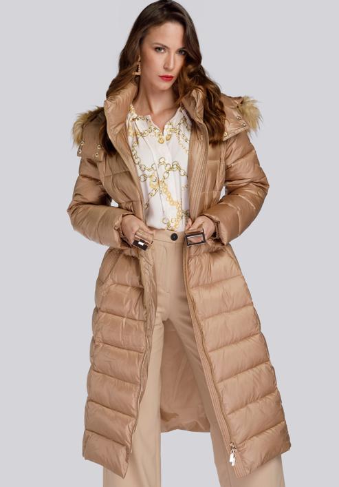 Palton clasic de iarnă de damă cu glugă, bej, 93-9D-401-5-XL, Fotografie 8