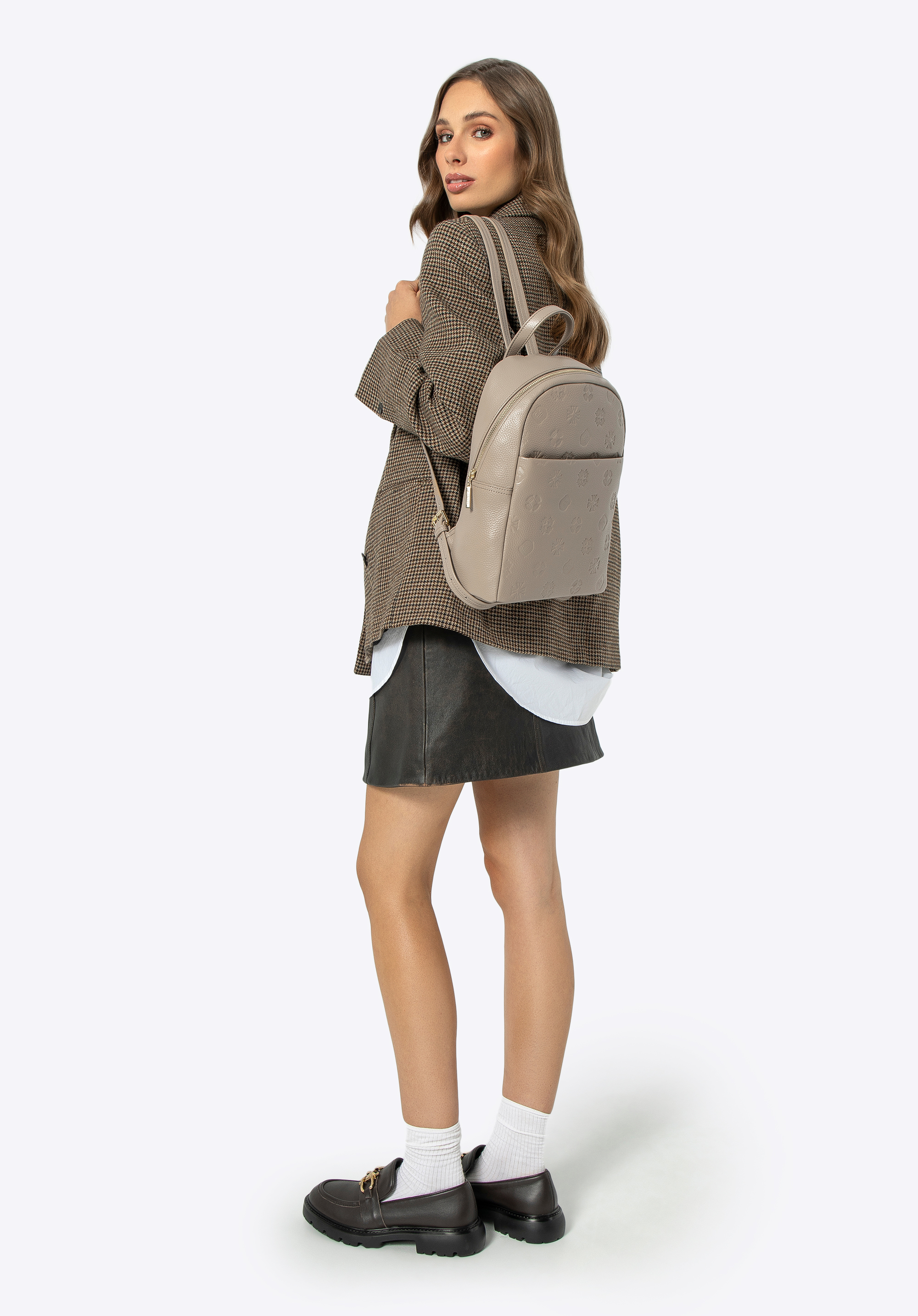 Rucsac de damă din piele cu monogramă, bej, 99-4E-614-99, Fotografie 1