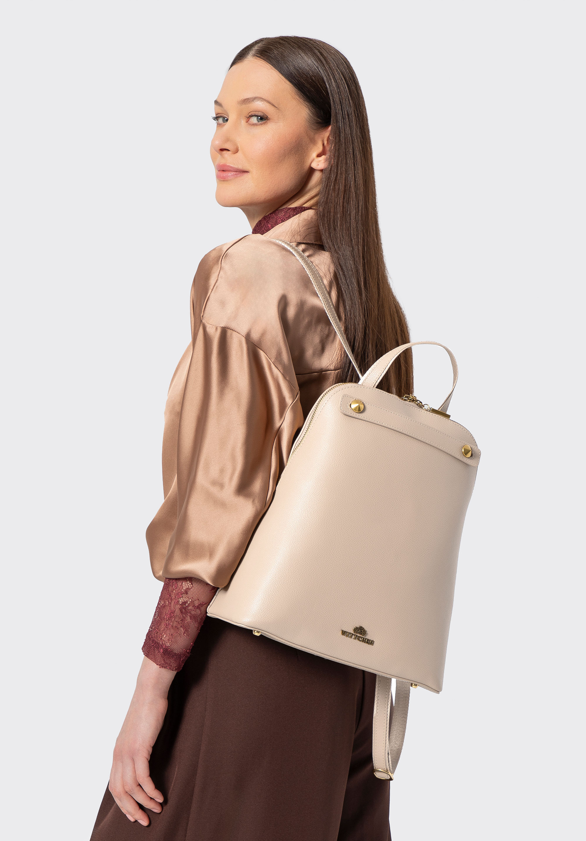 Rucsac trapez din piele pentru femei, bej, 100-4E-601-9, Fotografie 1