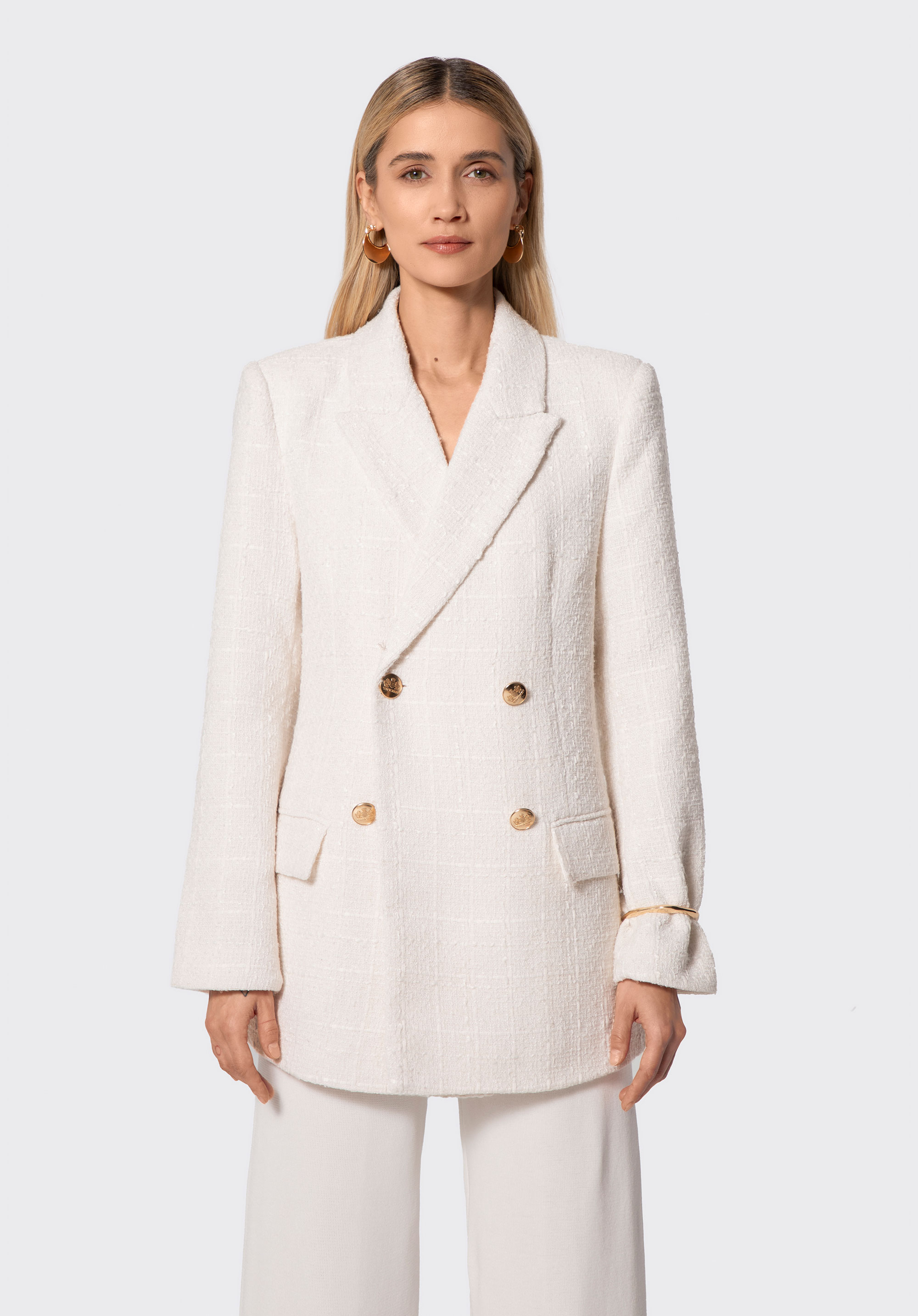 Sacou lung de damă din ţesătură bouclé, bej, 100-9X-502-9-M, Fotografie 1