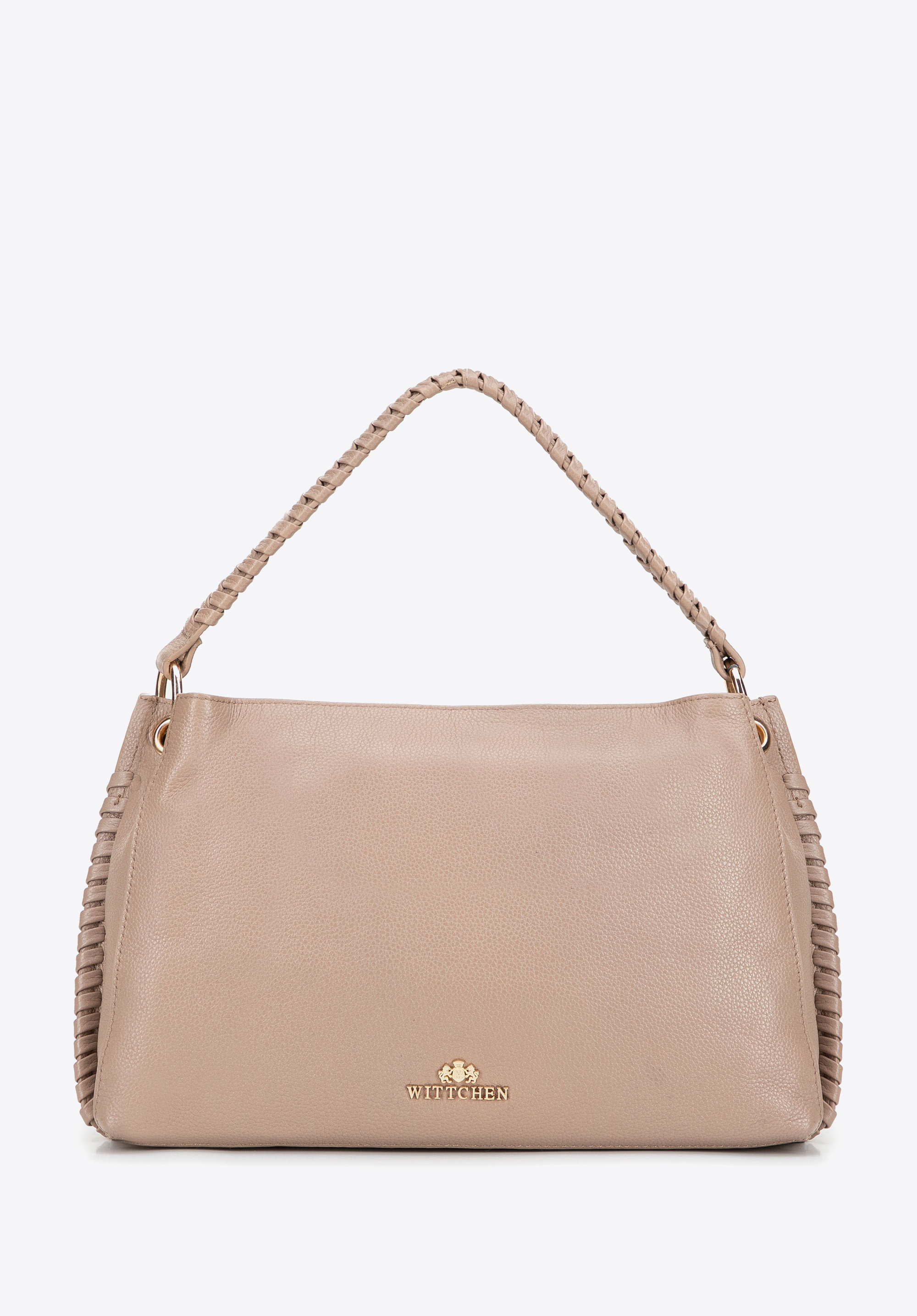 Шкіряна сумка через плече з плетеною ручкою, бежевий, 101-4E-807-1, Фото 1