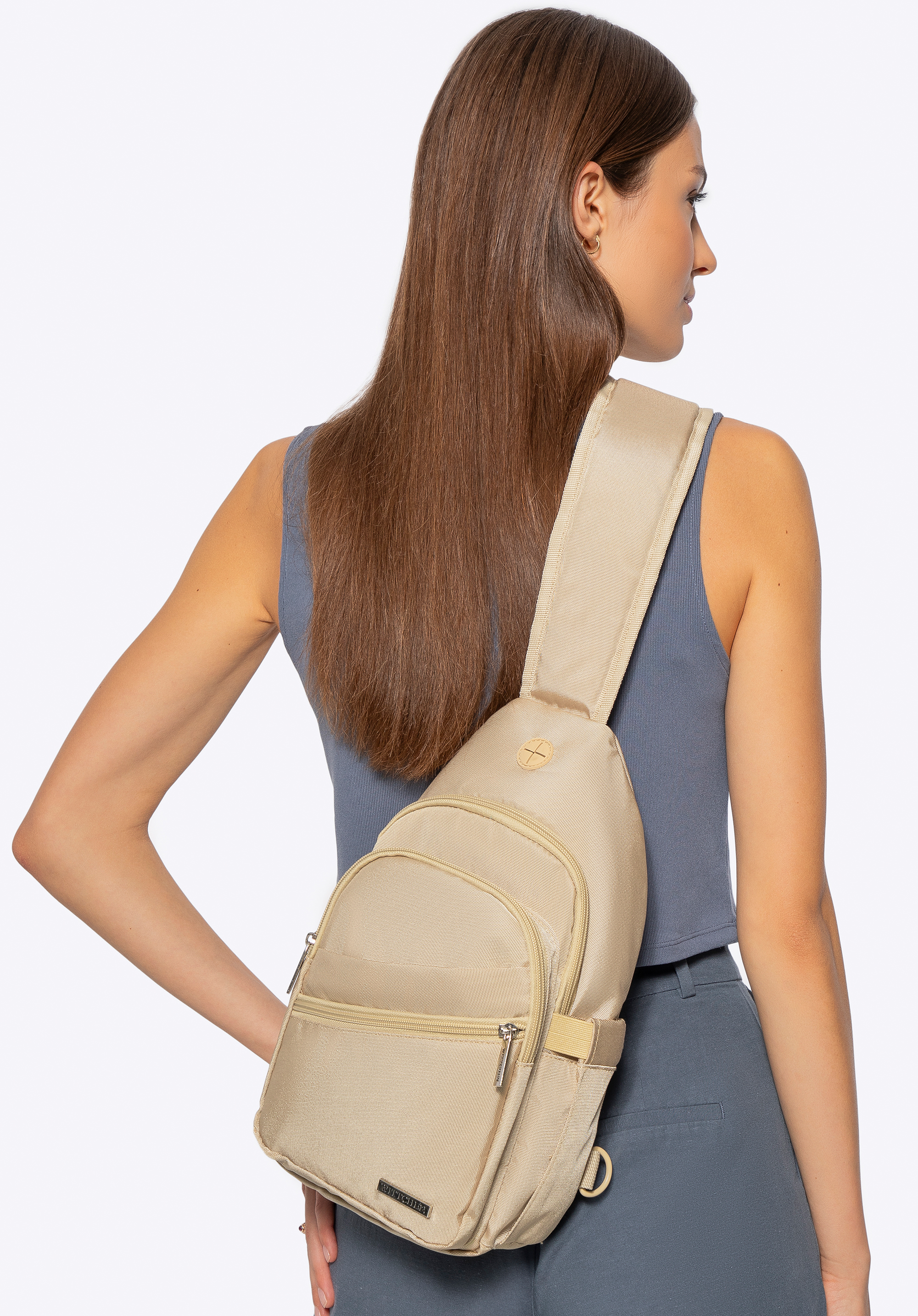 Рюкзак-слінг з поліестеру, бежевий, 29-3P-001-87, Фото 1