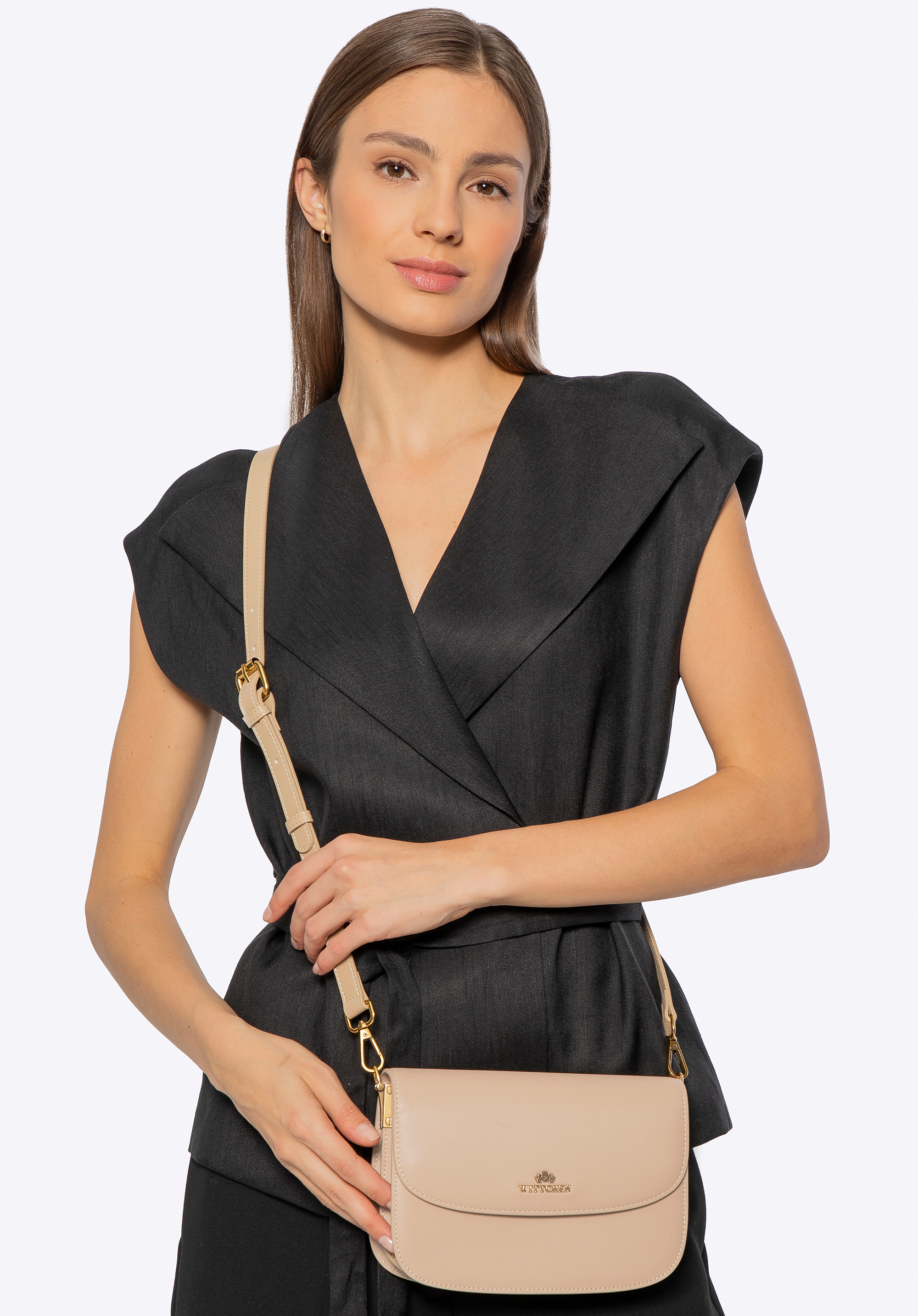 Шкіряна міні-сумка через плече, бежевий, 100-4E-214-9, Фото 4