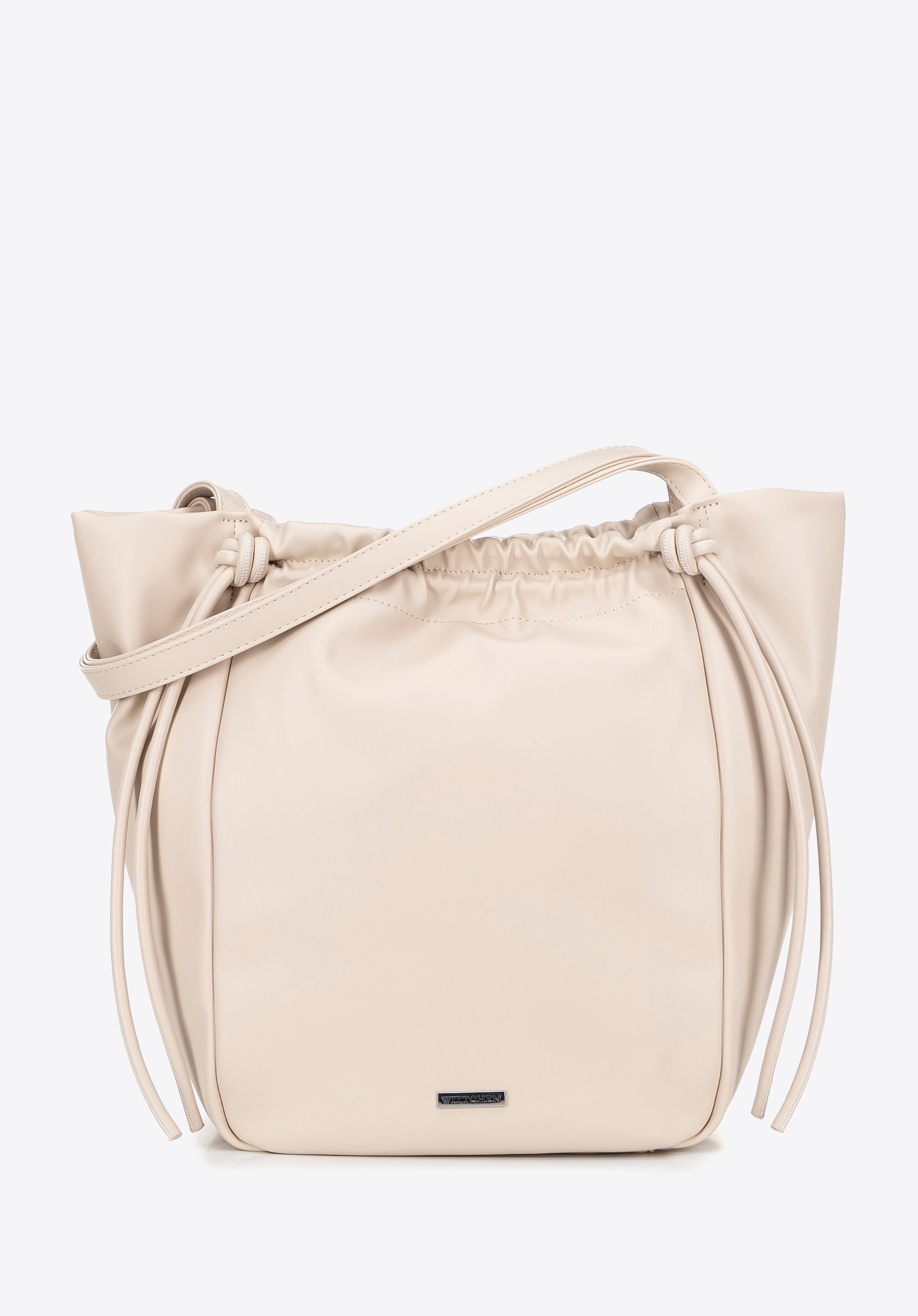 Жіноча сумка-шоппер з екошкіри з декоративними зав’язками, бежевий, 100-4Y-434-P, Фото 1