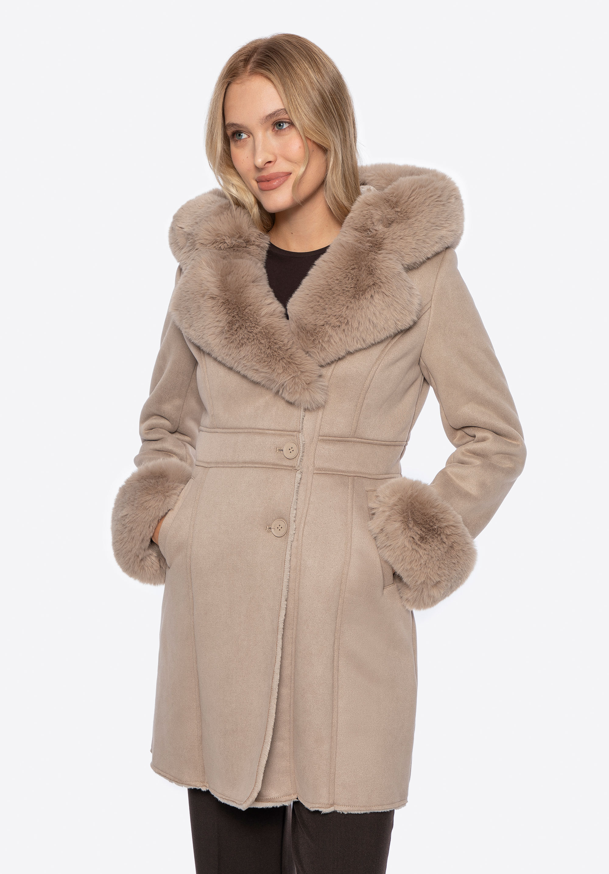 Жіноче пальто з капюшоном зі штучного хутра, бежевий, 101-9W-300-9-XL, Фото 1