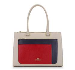 Кожаная сумка-саквояж с цветными вставками, бежево-красный, 92-4E-622-0, Фотография 1