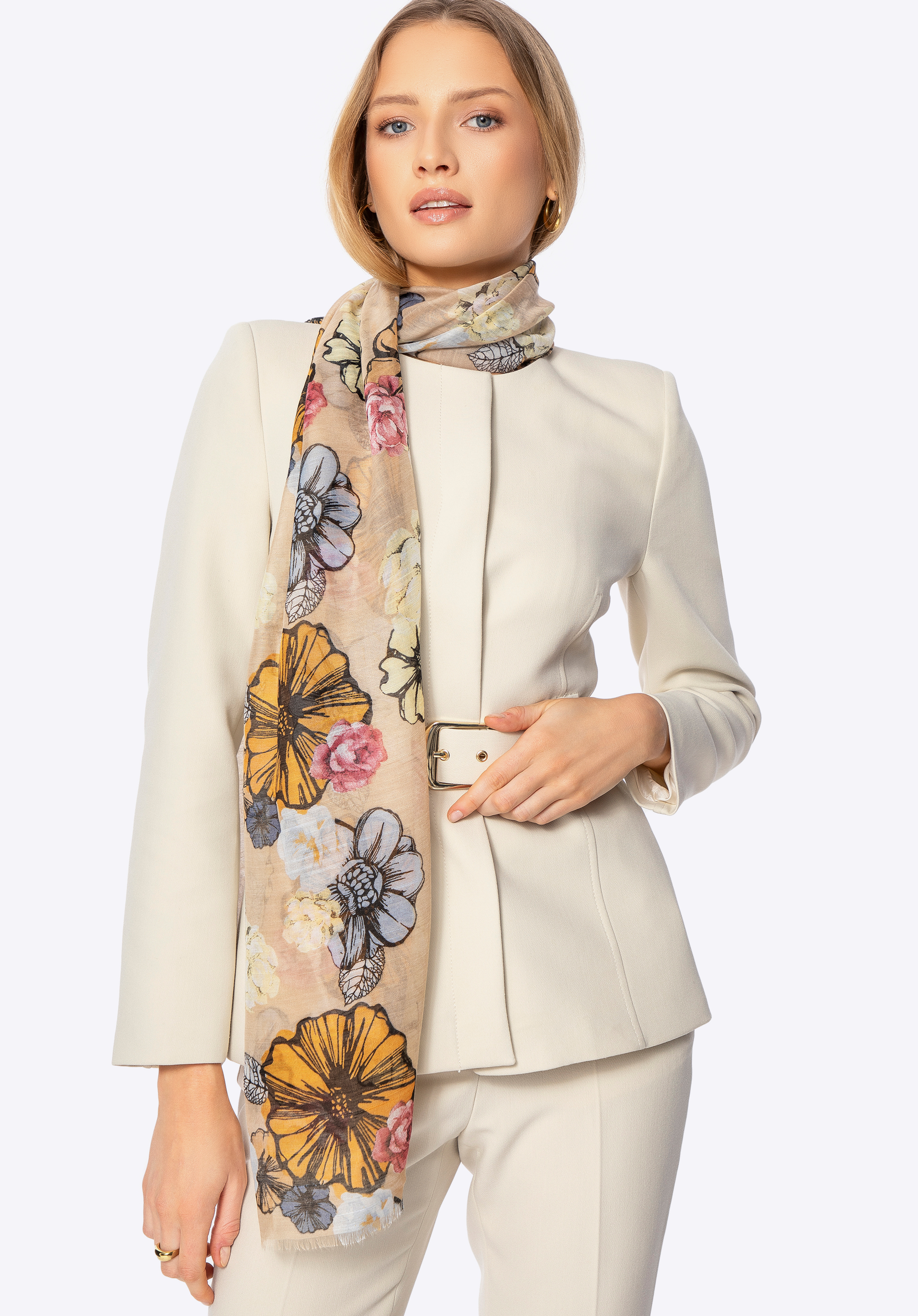 Ніжний жіночий шарф з квітковим візерунком, бежево-помаранчевий, 100-7D-010-X9, Фото 1