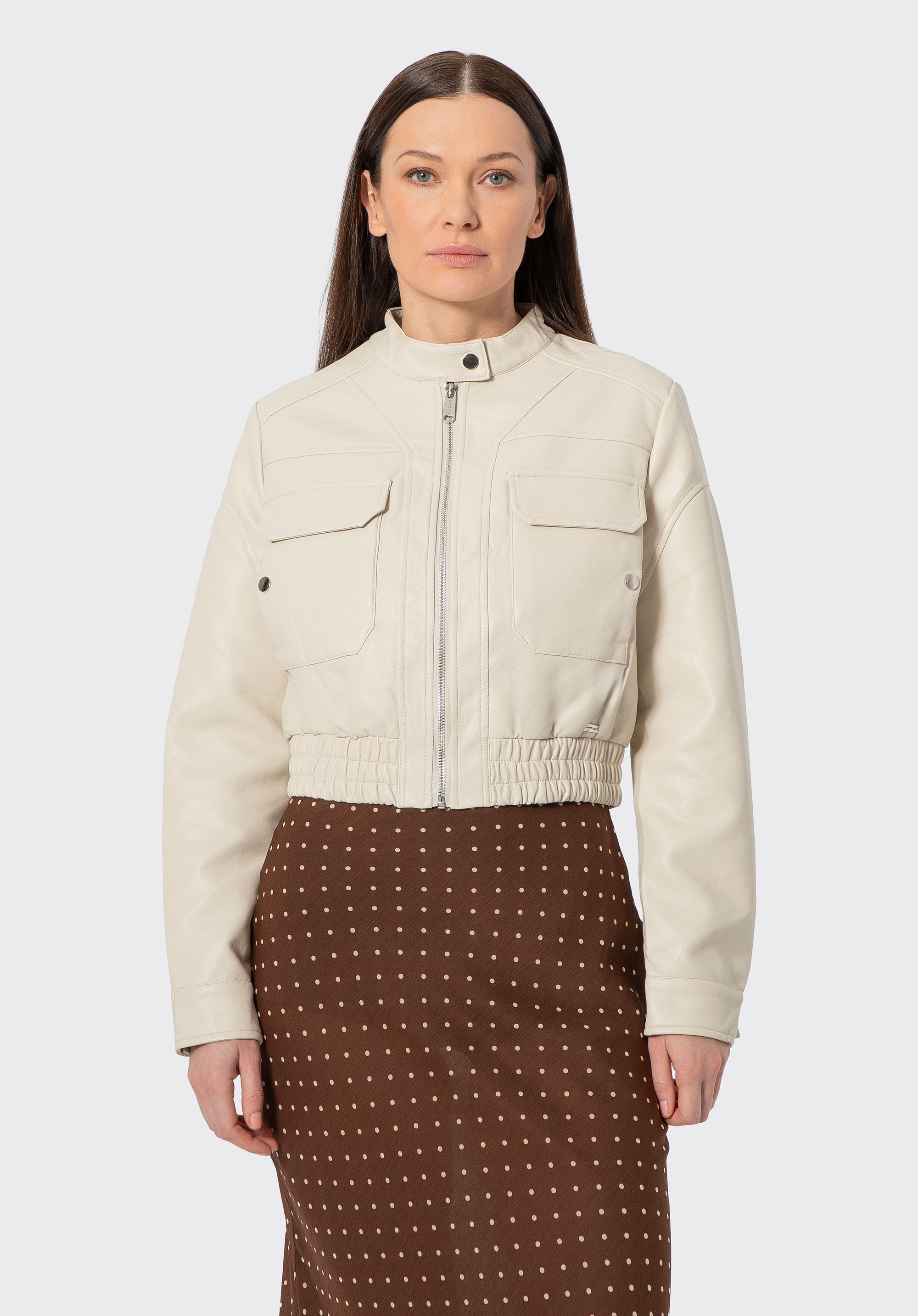 Dámska bunda z umelej kože s elastickým lemom, béžová, 100-9P-106-4-XL, Obrázok 1