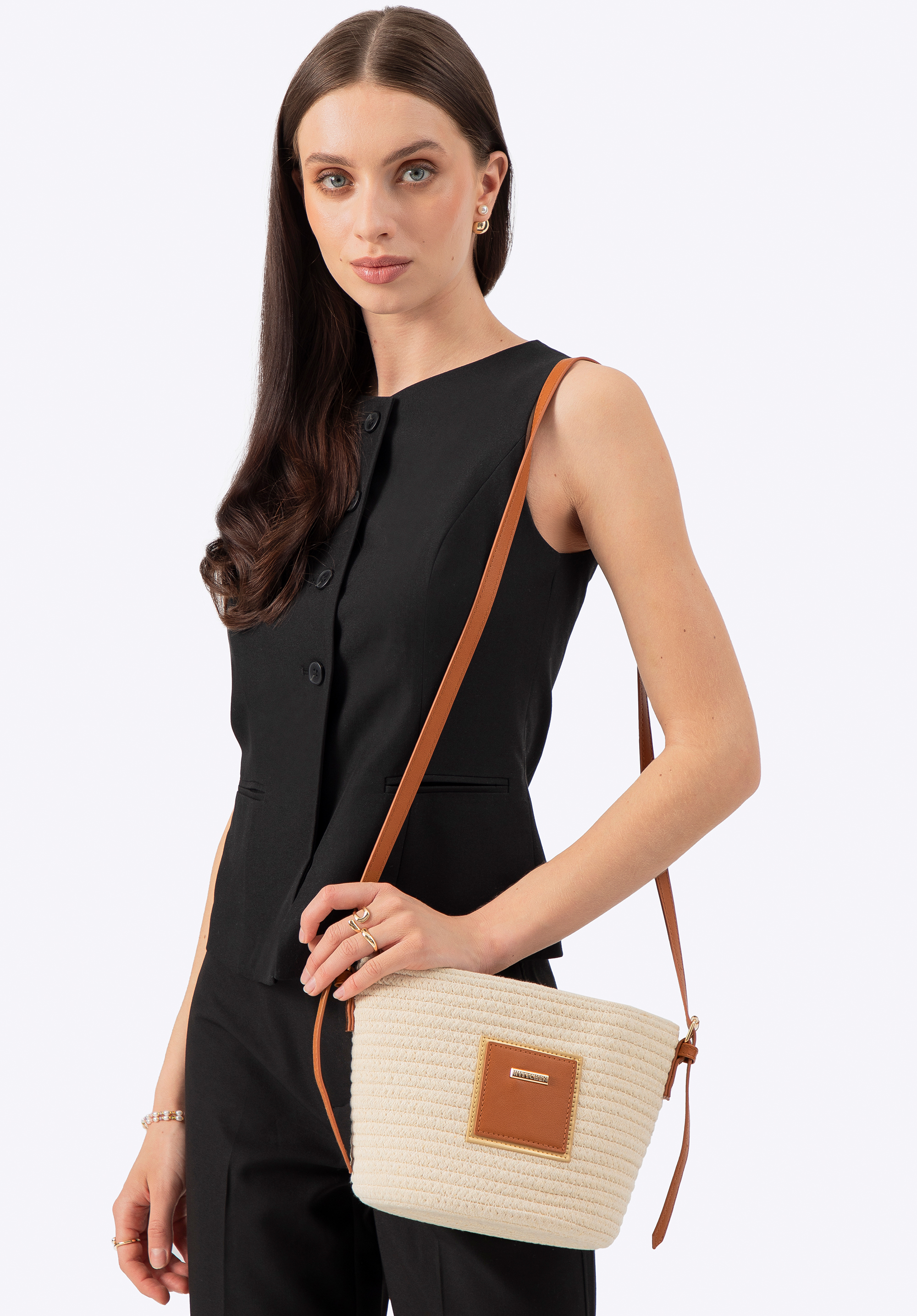 Dámska malá taška do koša zo zmesi bavlny, béžová, 100-4Y-902-9, Obrázok 1