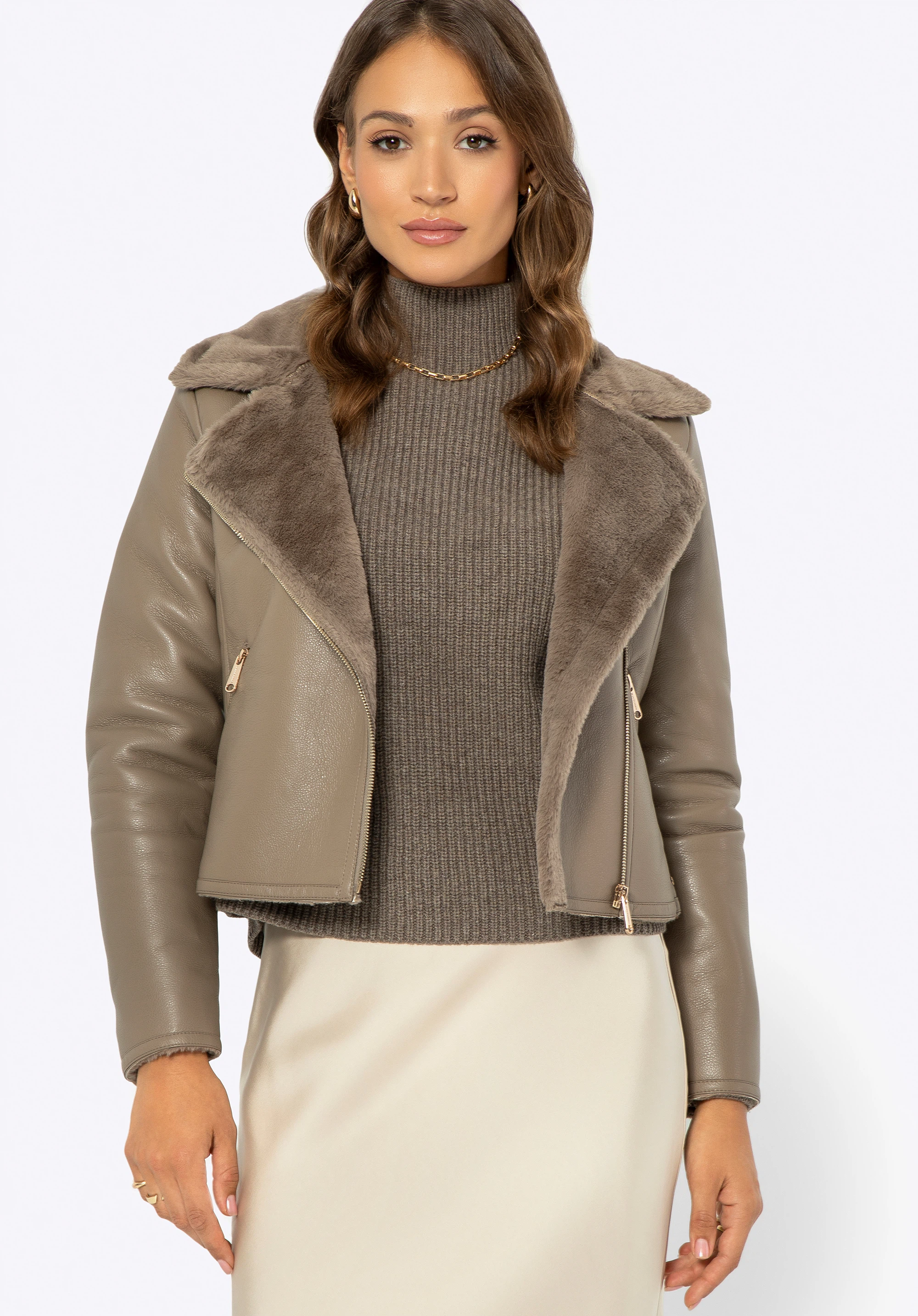 Dámská motorkářská bunda z umělé kůže s kožešinovým lemem, béžová, 99-9P-111-9-XL, Obrázek 1