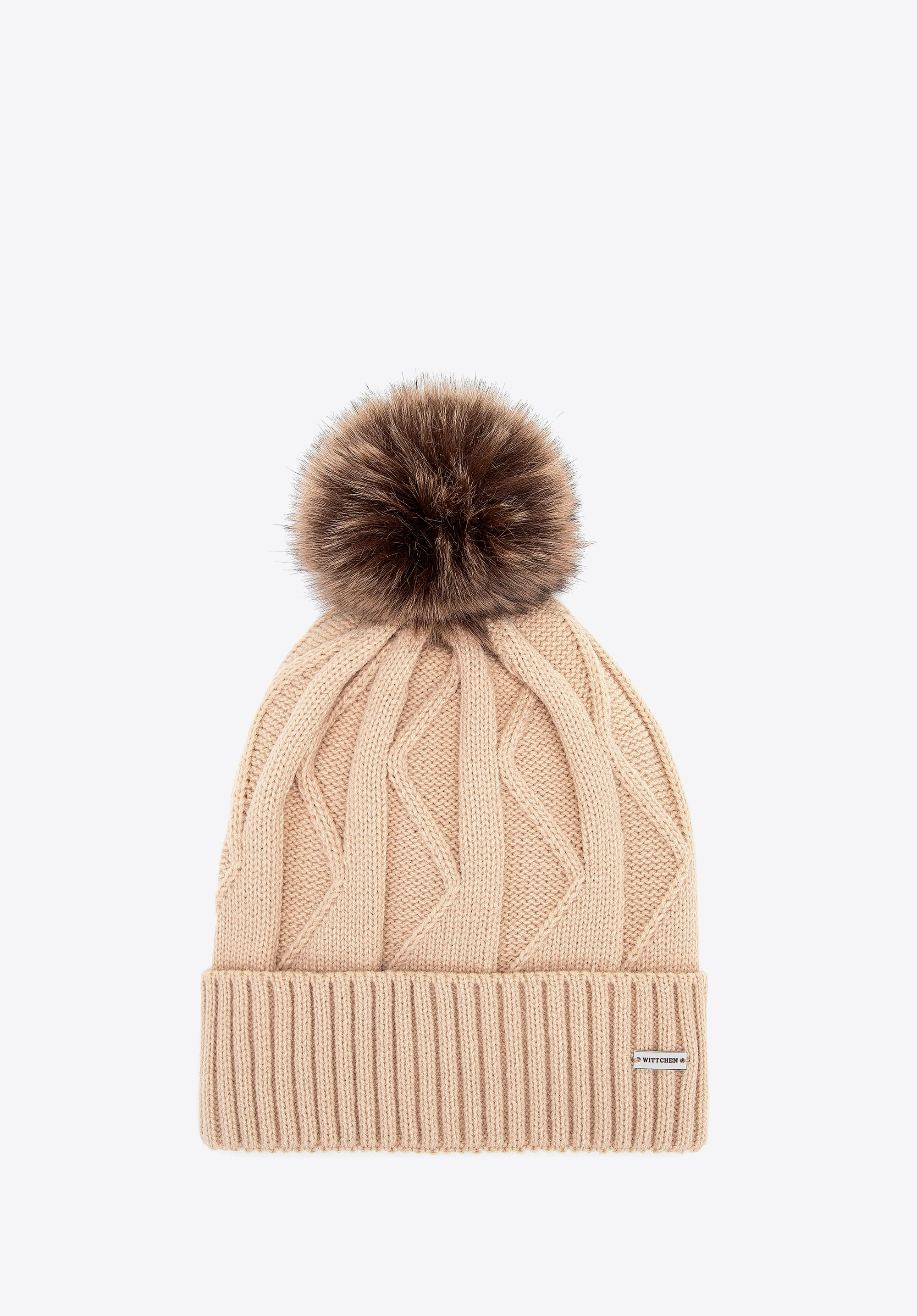 Dámská pletená čepice s kontrastním bambulem, béžová, 101-HF-005-95, Obrázek 1