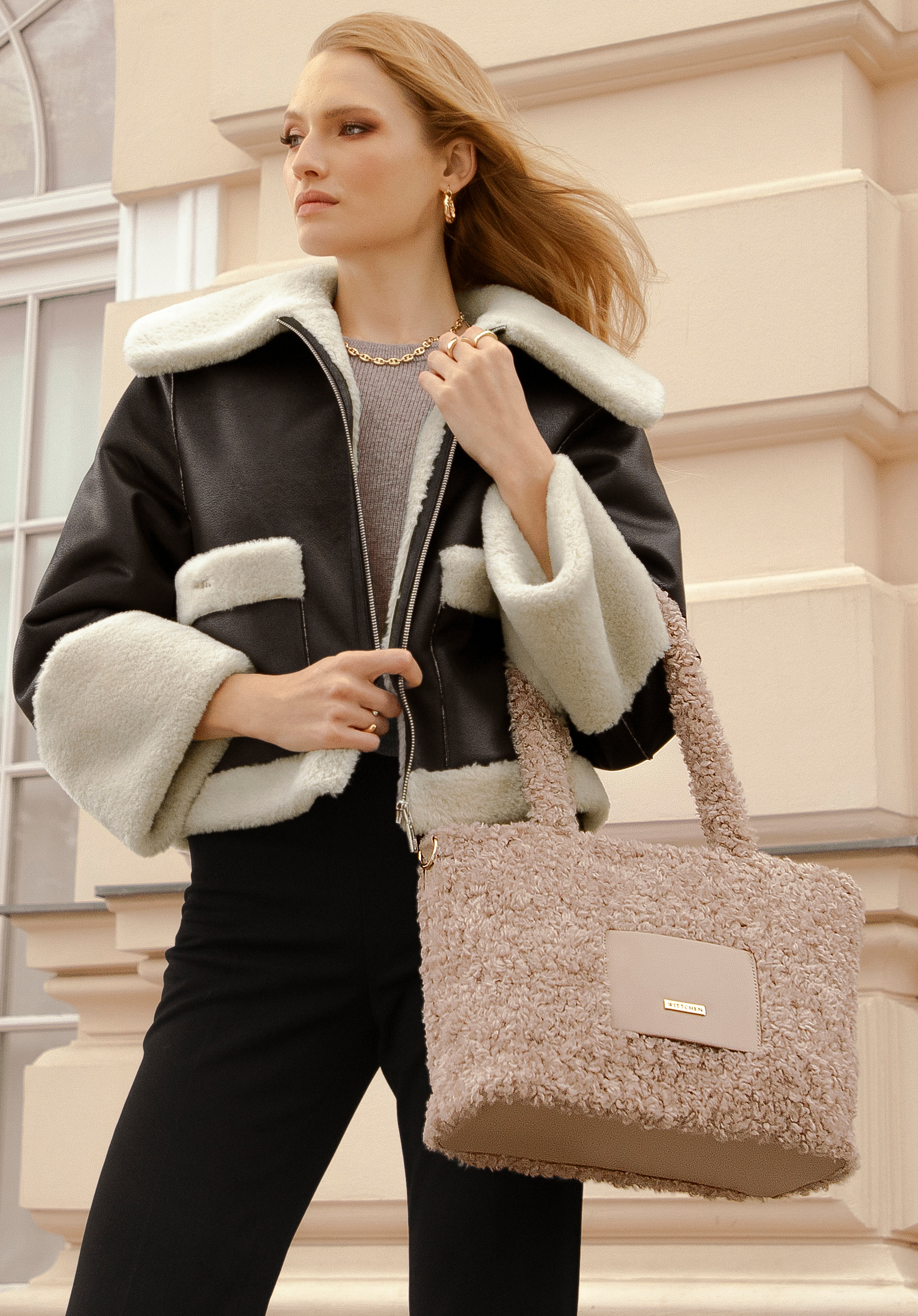 Dámska shopper taška z plyšovej umelej kožušiny, béžová, 99-4Y-421-9, Obrázok 1