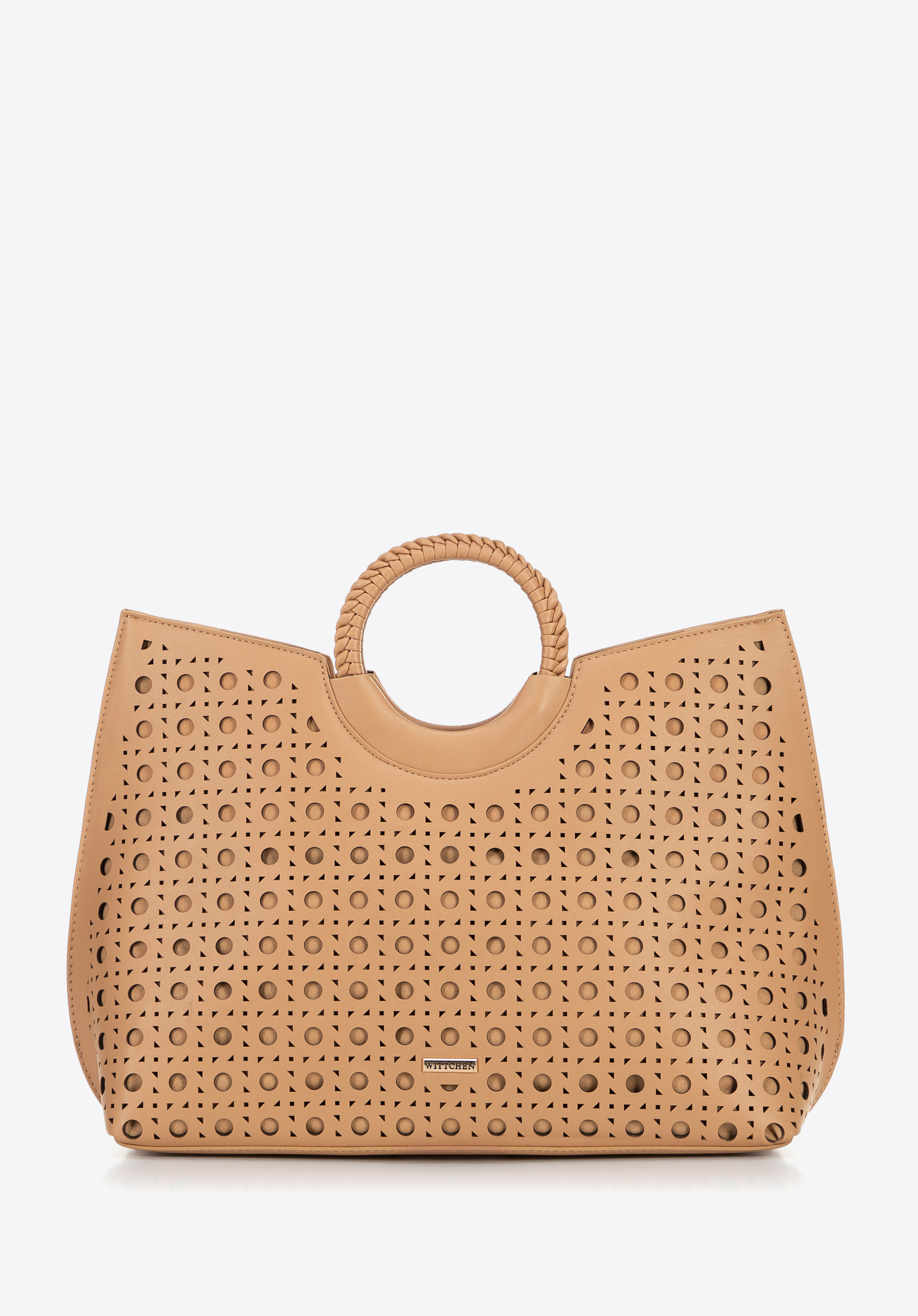 Dámská shopper taška z umělé kůže s geometrickými výřezy, béžová, 100-4Y-204-9, Obrázek 1