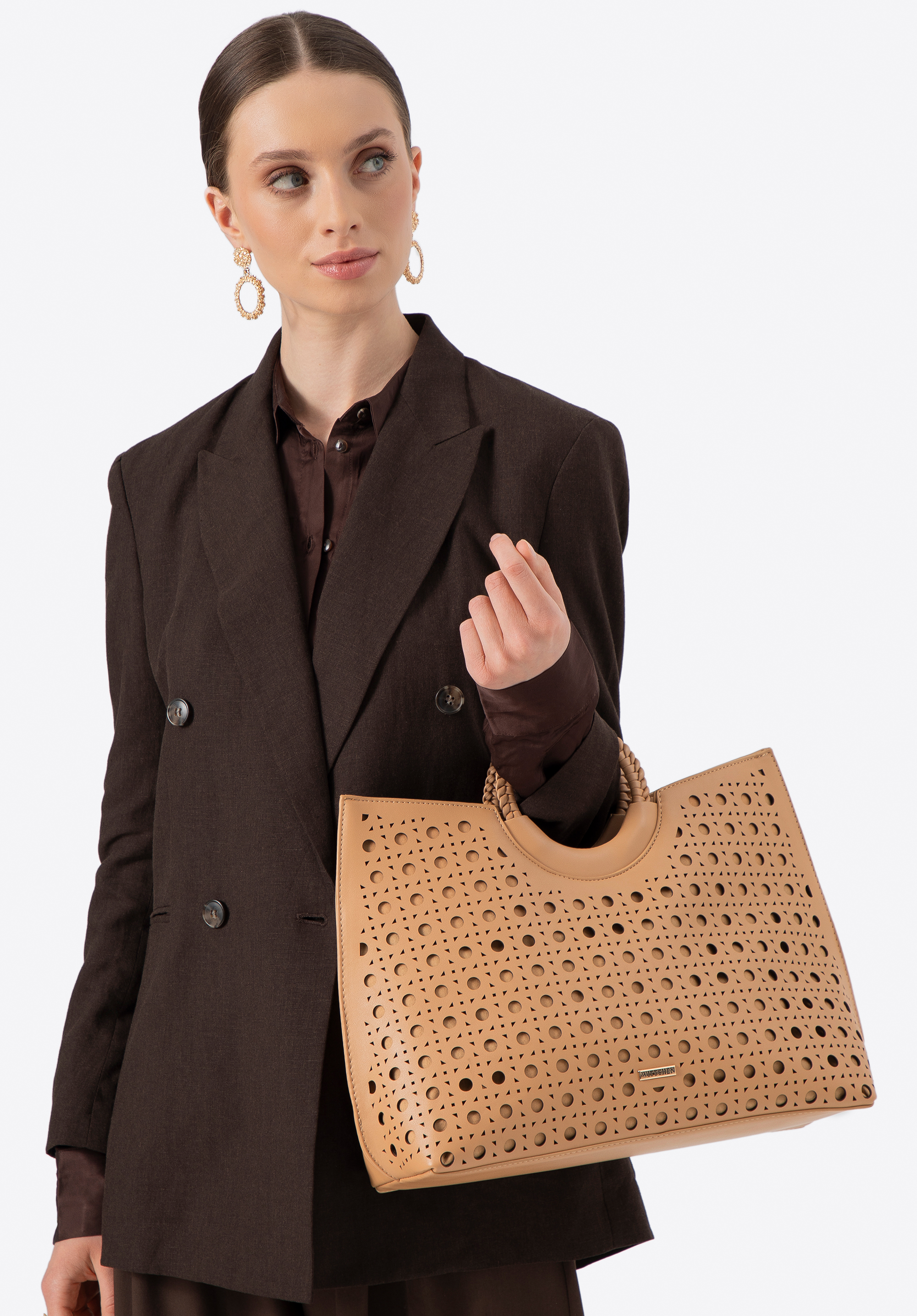 Dámská shopper taška z umělé kůže s geometrickými výřezy, béžová, 100-4Y-204-9, Obrázek 1