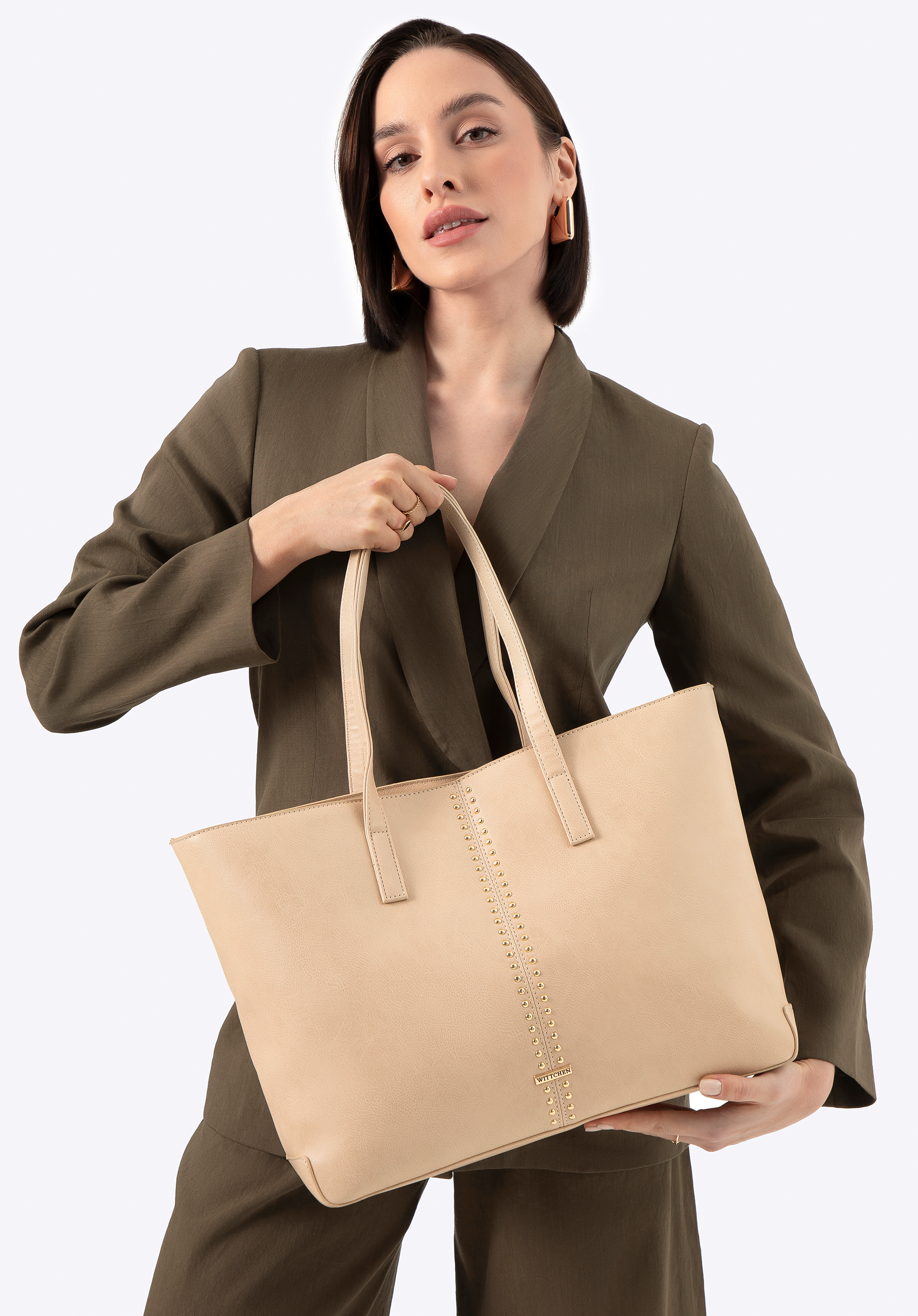 Dámská shopper taška z umělé kůže s panelem s cvočky, béžová, 100-4Y-209-0, Obrázek 1