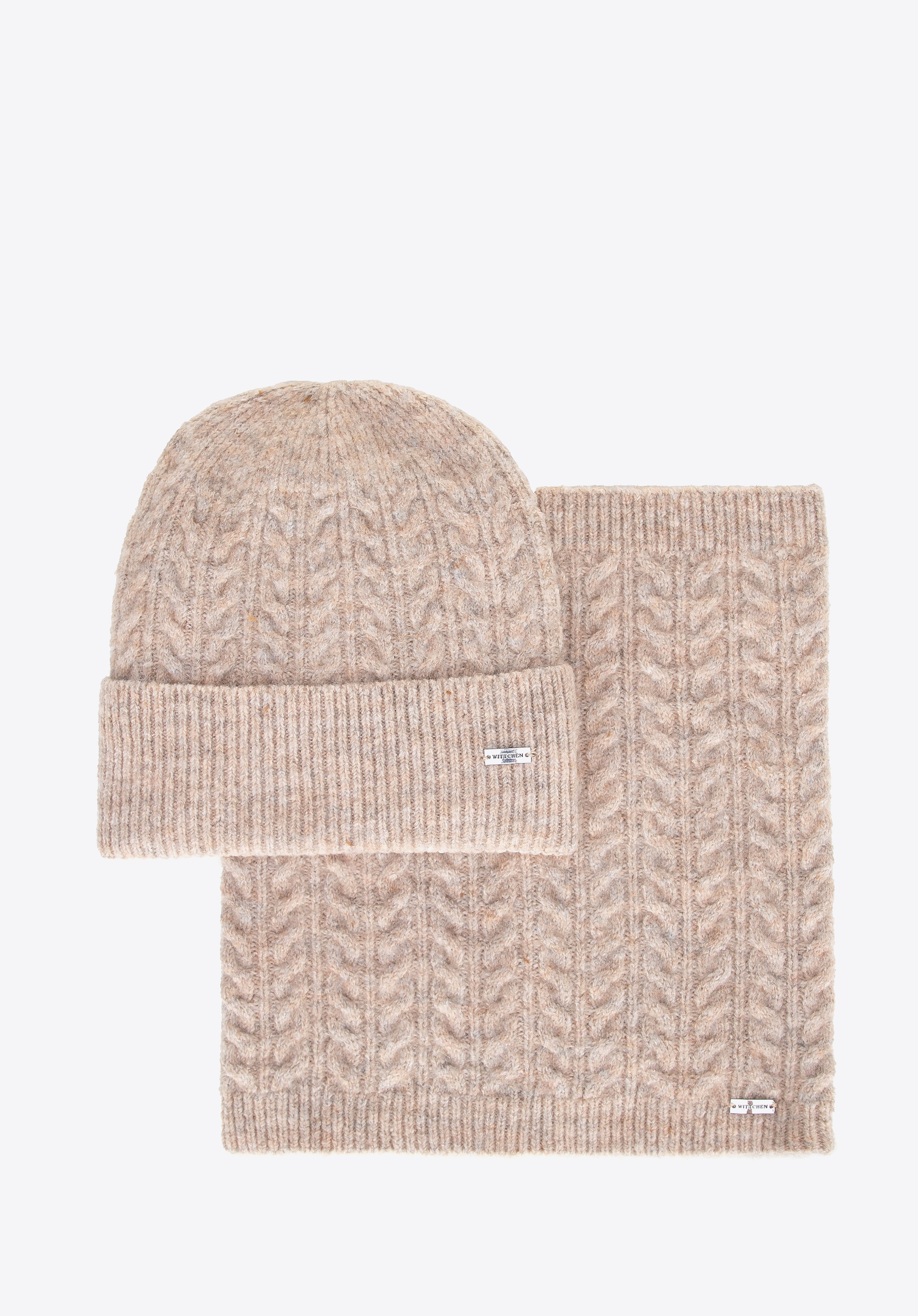 Dámská zimní souprava – čepice a nákrčník s copánkovým úpletem, béžová, 101-SF-209-9, Obrázek 1