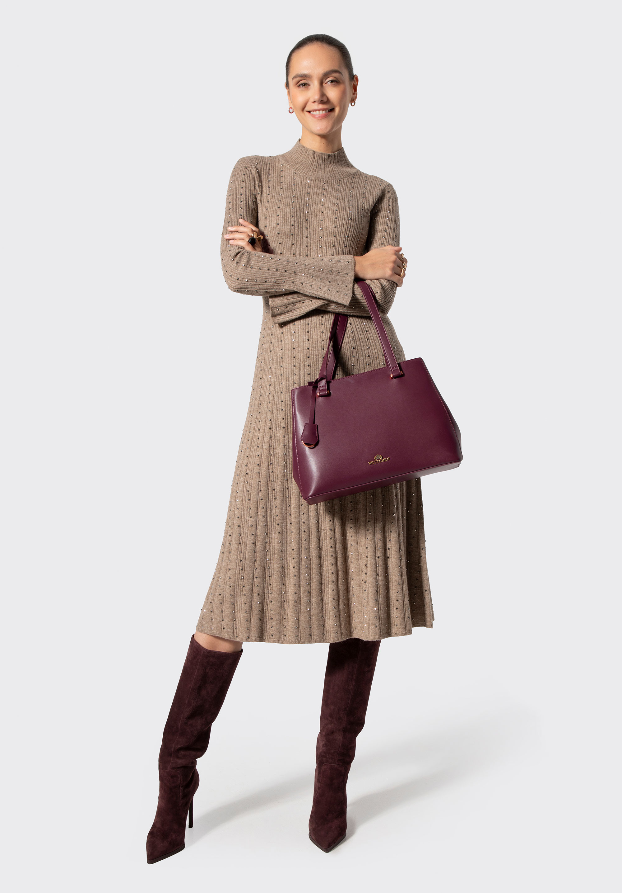 Dámské šaty z vlněné směsi s cvočky, béžová, 103-99-600-9-XS, Obrázek 1