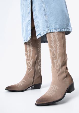 Dámské semišové kovbojské boty vysokého střihu s výšivkou, béžová, 97-D-852-9-35, Obrázek 1