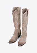 Dámské semišové kovbojské boty vysokého střihu s výšivkou, béžová, 97-D-852-9-36, Obrázek 2