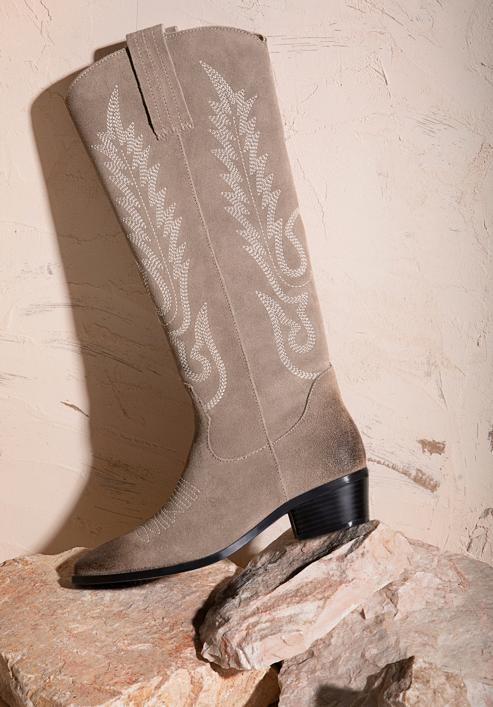 Dámské semišové kovbojské boty vysokého střihu s výšivkou, béžová, 97-D-852-5-37, Obrázek 30