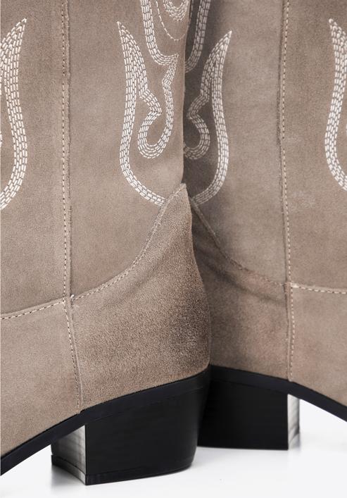 Dámské semišové kovbojské boty vysokého střihu s výšivkou, béžová, 97-D-852-Z-37, Obrázek 6