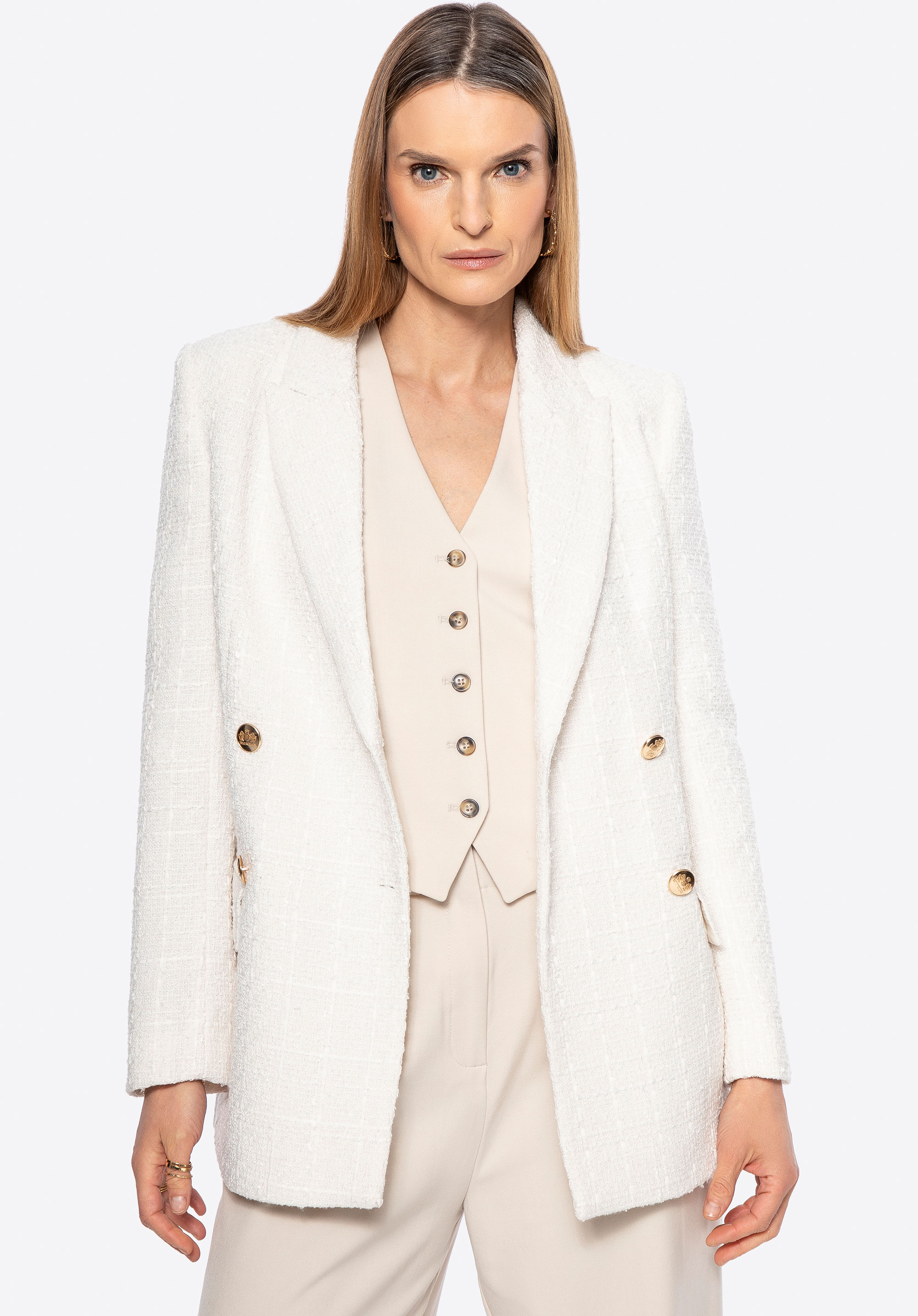 Dámský dlouhý bouclé blazer, béžová, 100-9X-502-9-L, Obrázek 1