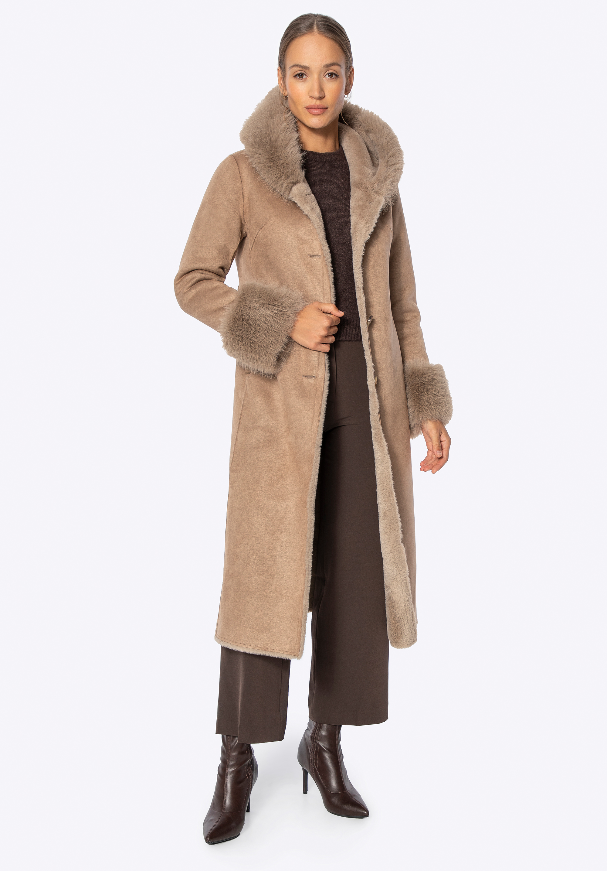 Dámsky kabát s golierom a manžetami z umelej kožušiny, béžová, 101-9W-002-9-XL, Obrázok 1
