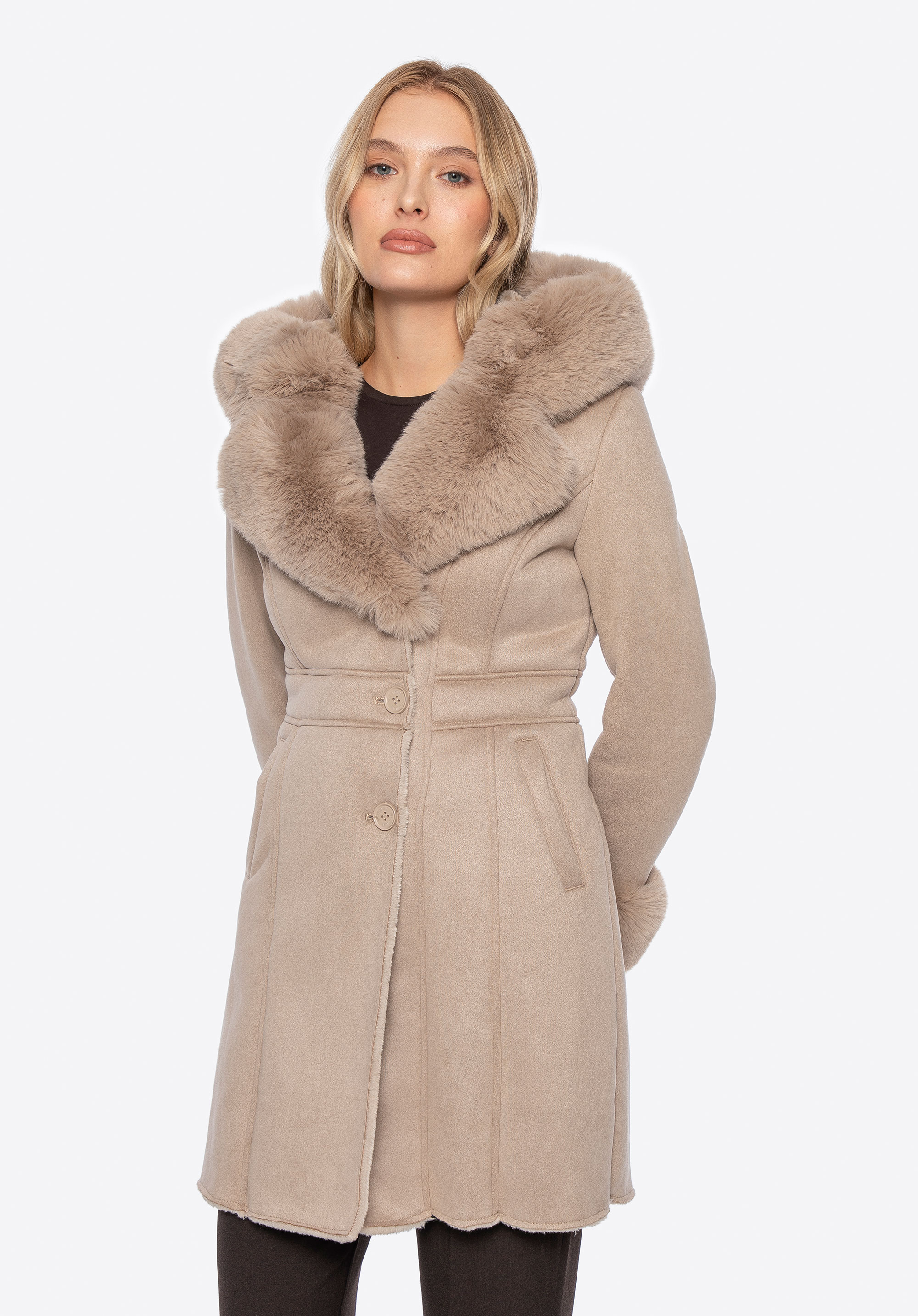 Dámský kožich s kapucí, béžová, 101-9W-300-9-XL, Obrázek 1