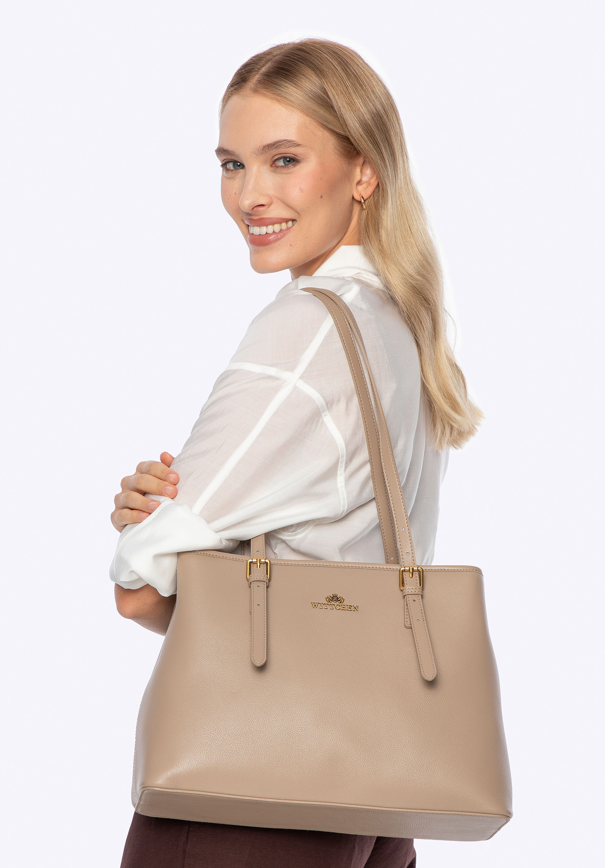 Kožená nákupní taška s nastavitelnými rukojeťmi, béžová, 101-4E-617-99, Obrázek 1