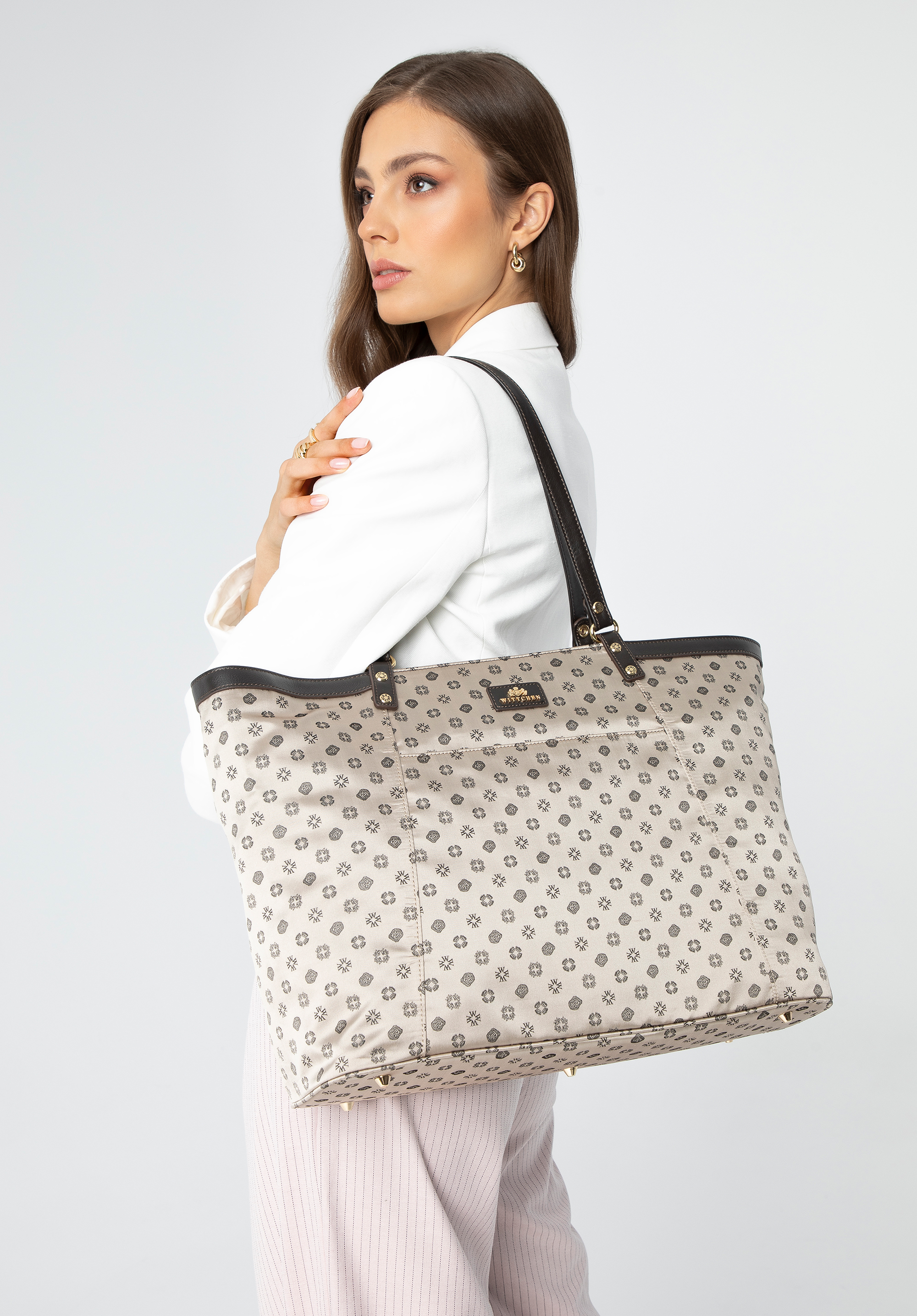 Žakárová shopper taška v monograme, béžová, 98-4E-905-0, Obrázok 1