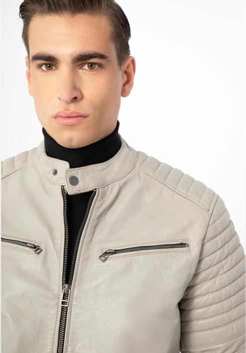 Pánská kožená bunda s prošíváním, béžově šedá, 97-09-252-8-L, Obrázek 6
